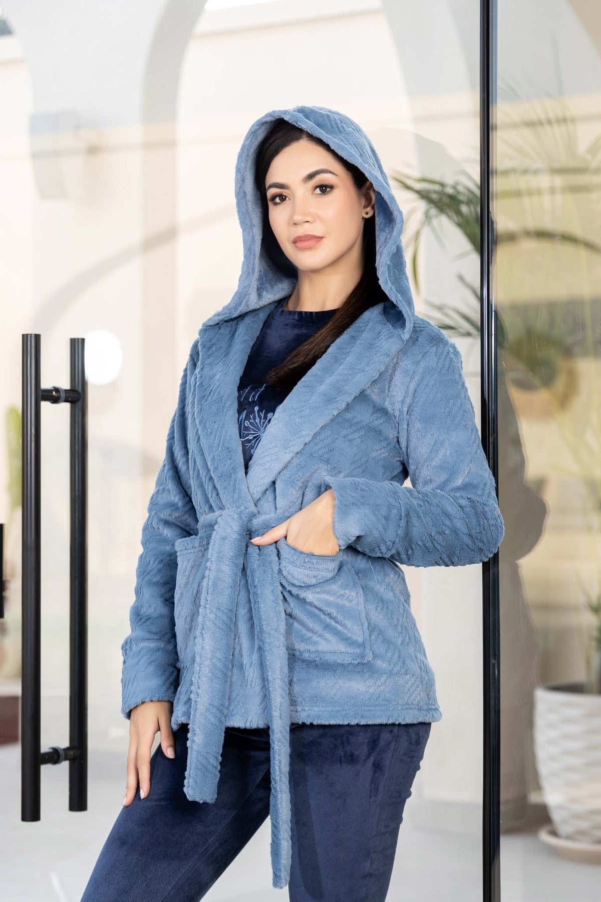 Soft Blue Hooded Robe and Dark Velvet Comfort Pajama Set.