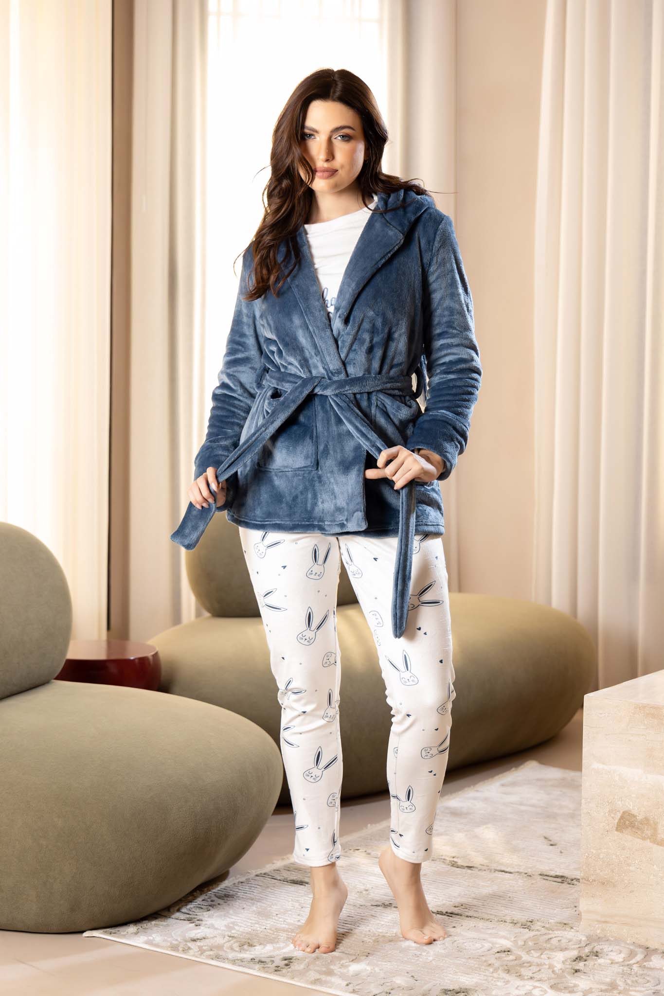 Fun Fuzzy Bunny Hooded Robe and Printed Sleepwear for Cozy Nights.