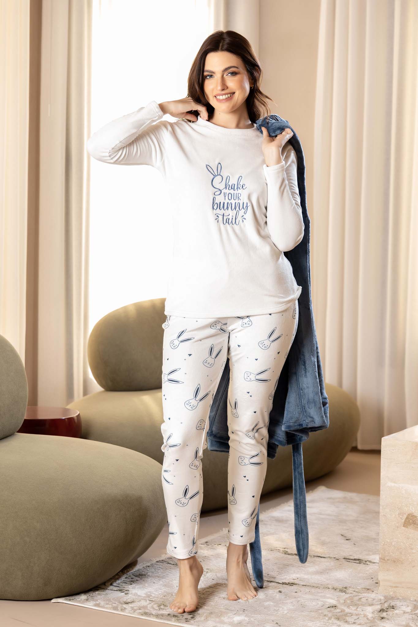 Fun Fuzzy Bunny Hooded Robe and Printed Sleepwear for Cozy Nights.