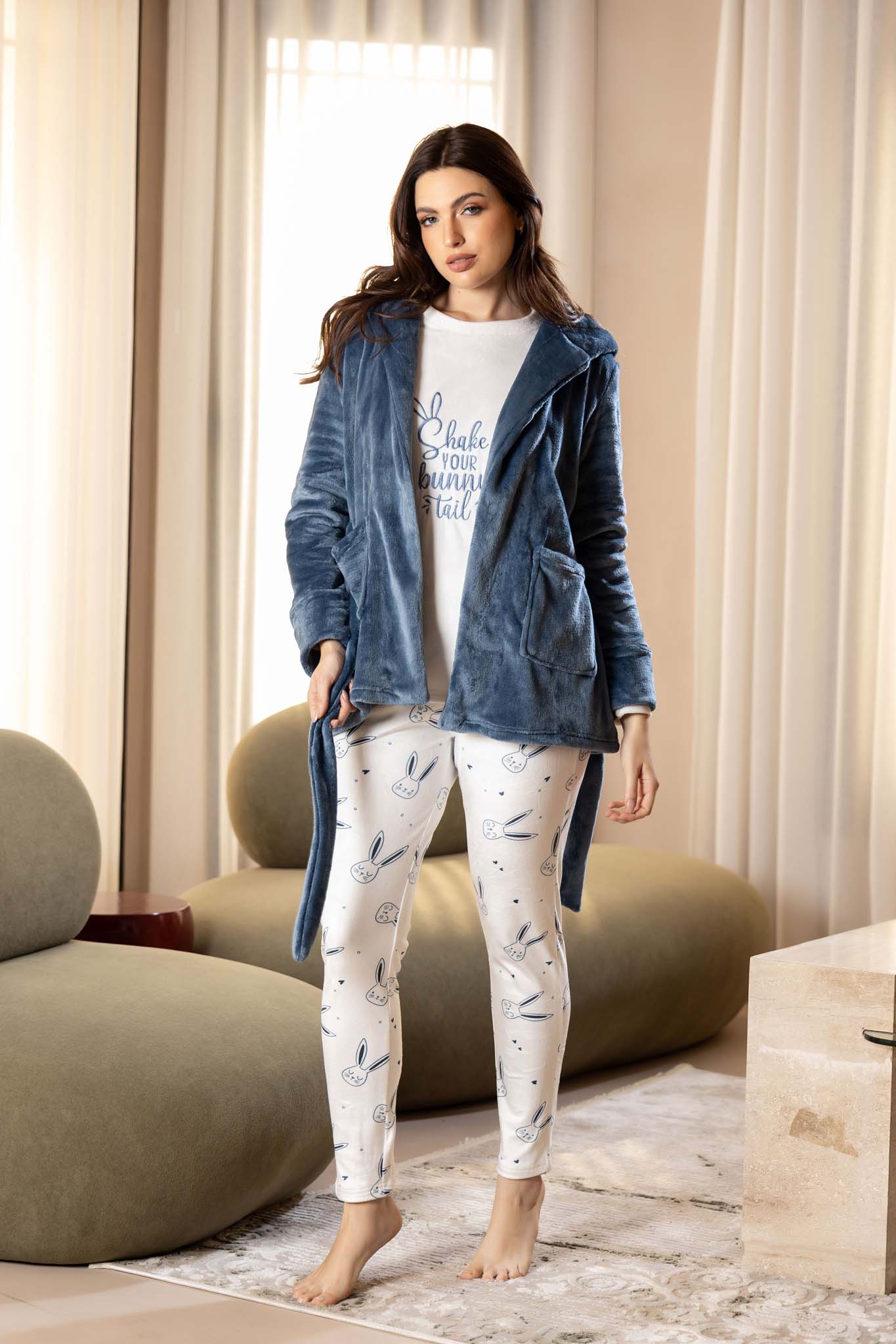 Fun Fuzzy Bunny Hooded Robe and Printed Sleepwear for Cozy Nights.