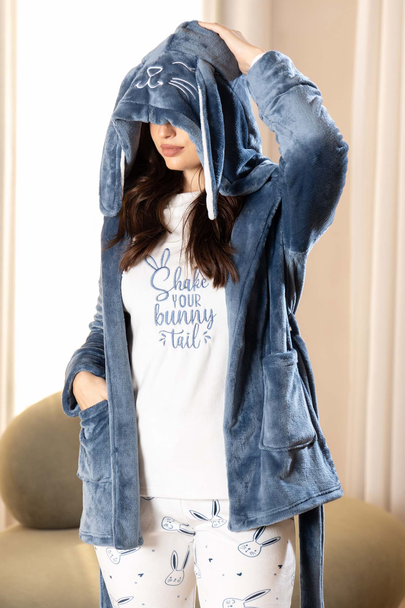Fun Fuzzy Bunny Hooded Robe and Printed Sleepwear for Cozy Nights.