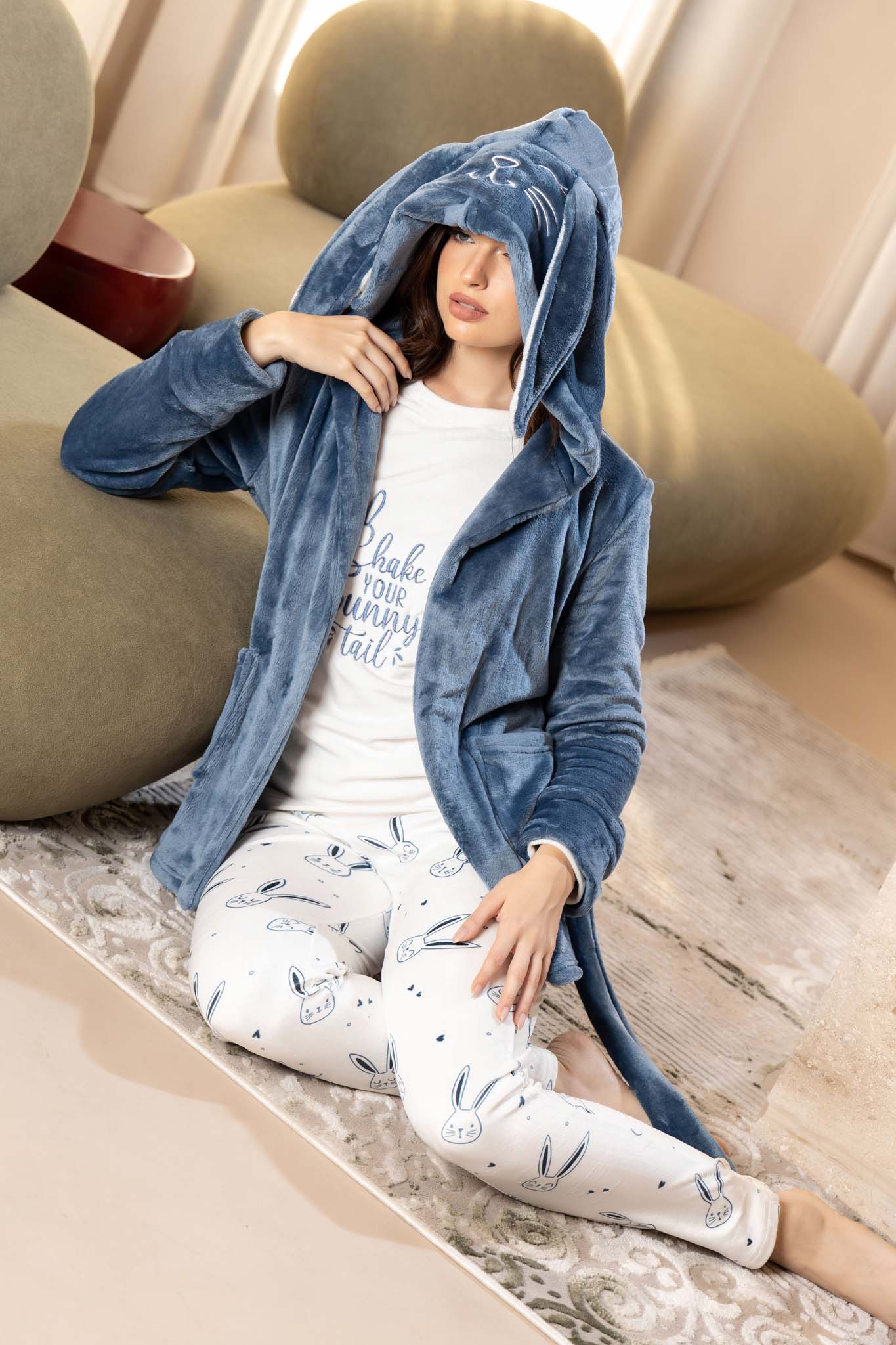 Fun Fuzzy Bunny Hooded Robe and Printed Sleepwear for Cozy Nights.