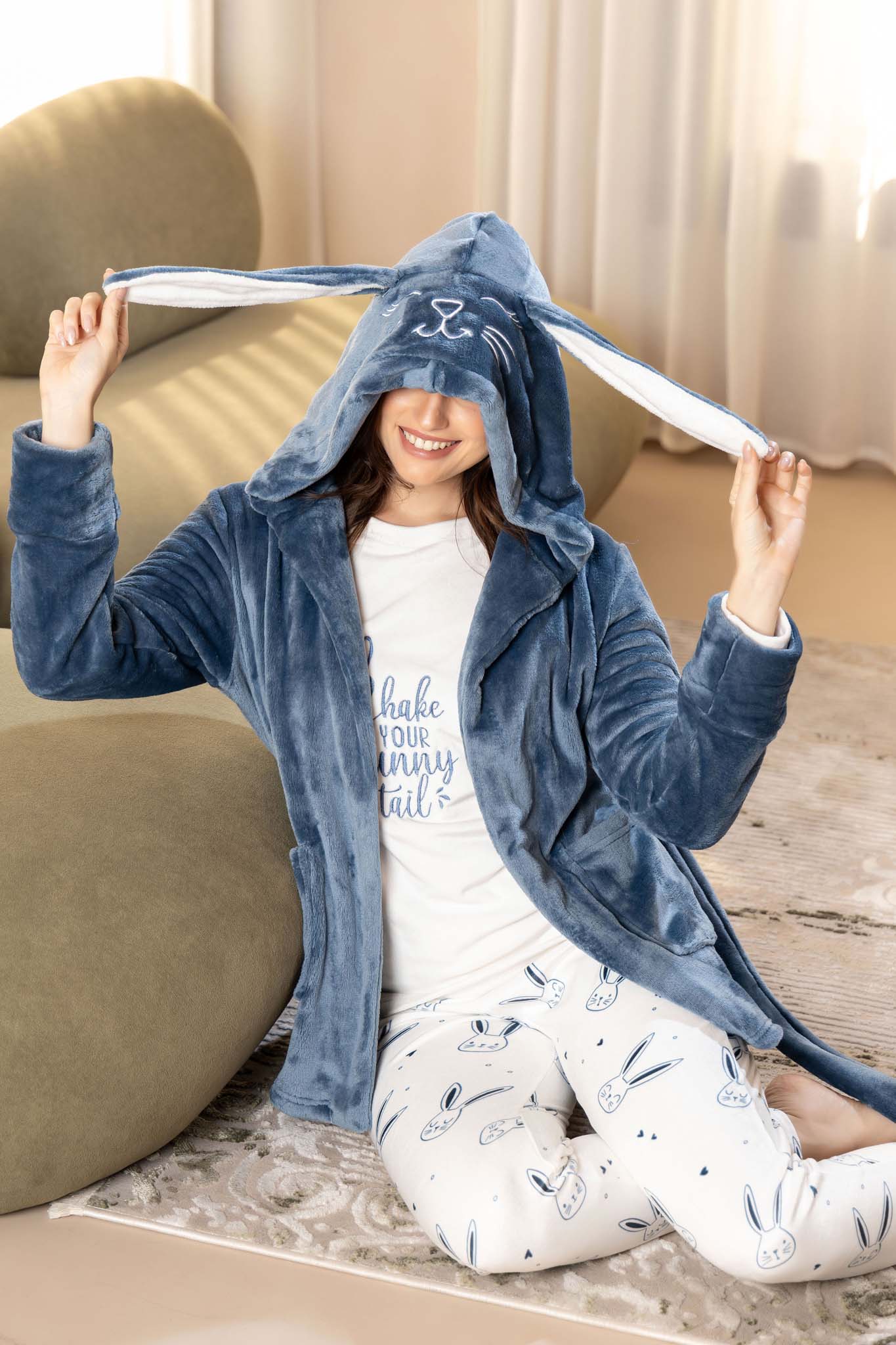 Fun Fuzzy Bunny Hooded Robe and Printed Sleepwear for Cozy Nights.