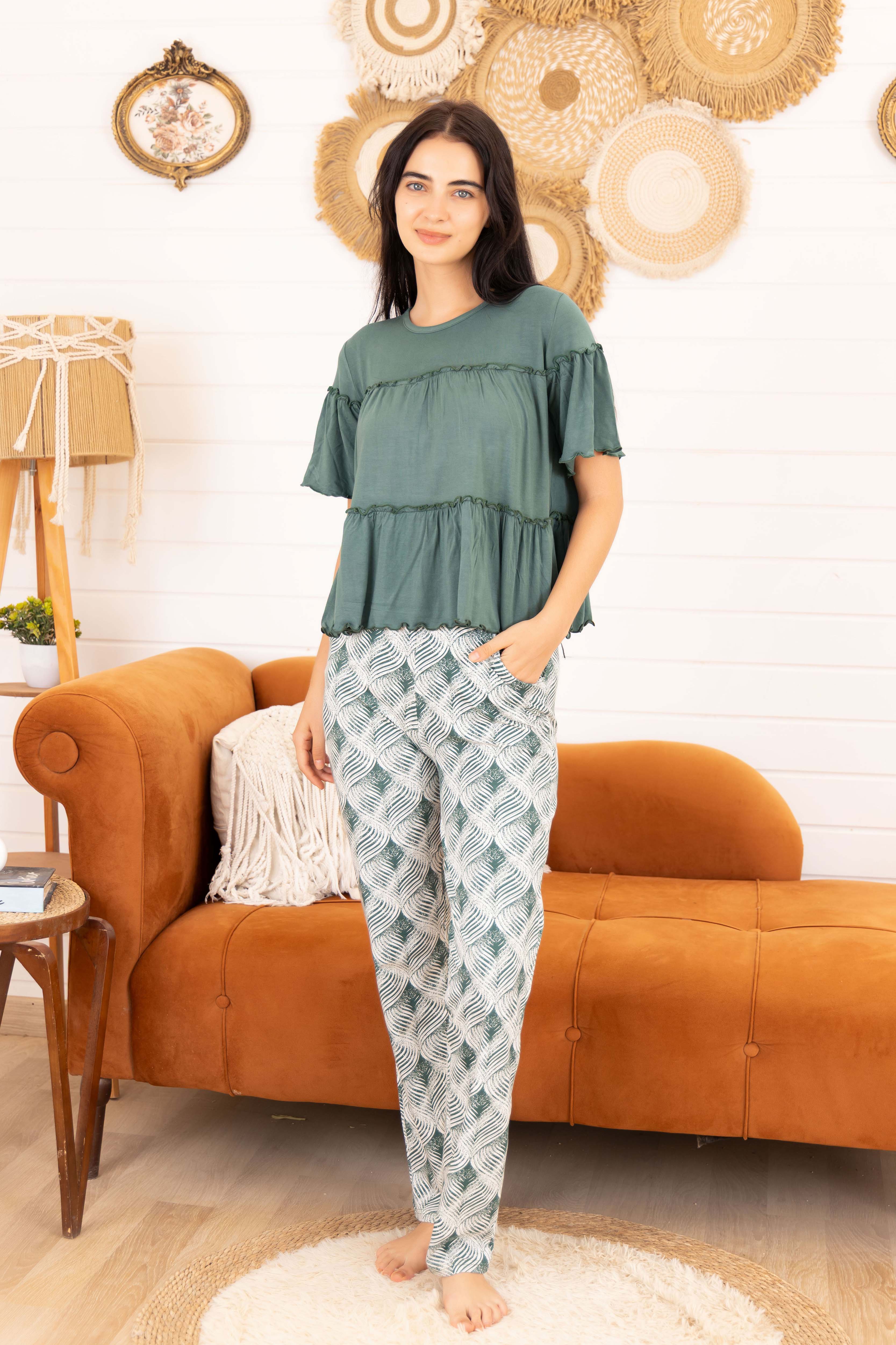 Tiered Blouse & Printed Pants Set