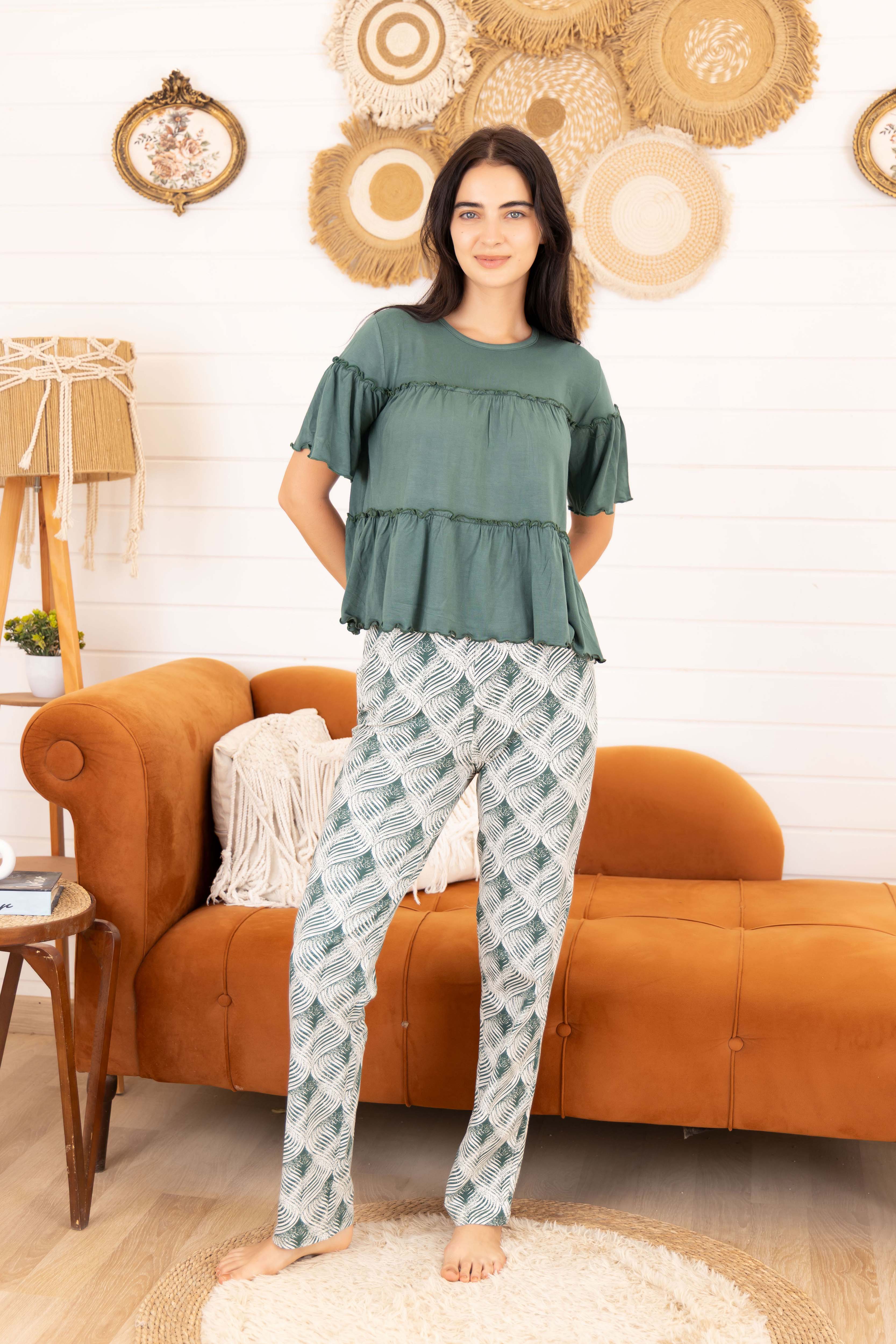 Tiered Blouse & Printed Pants Set