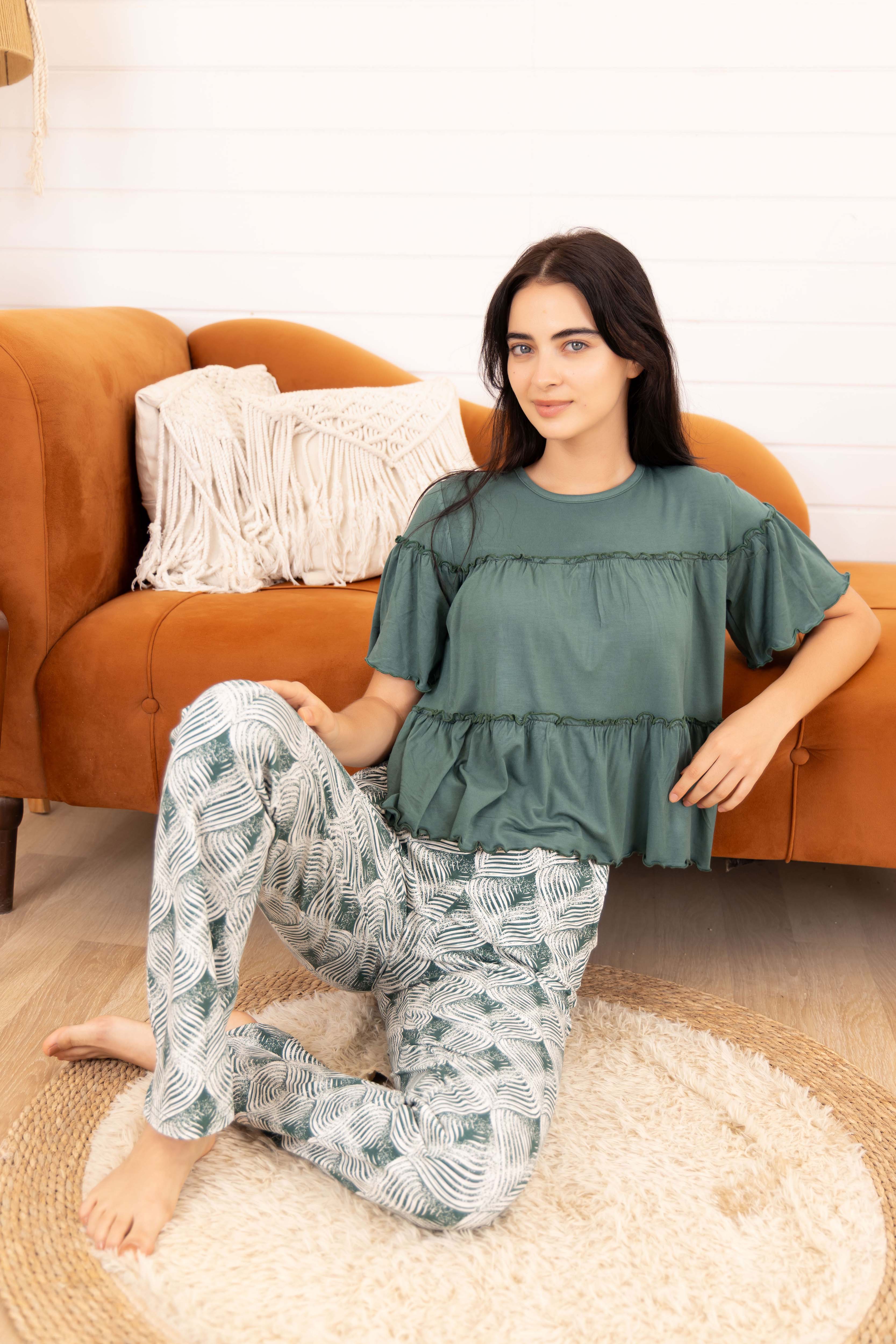 Tiered Blouse & Printed Pants Set