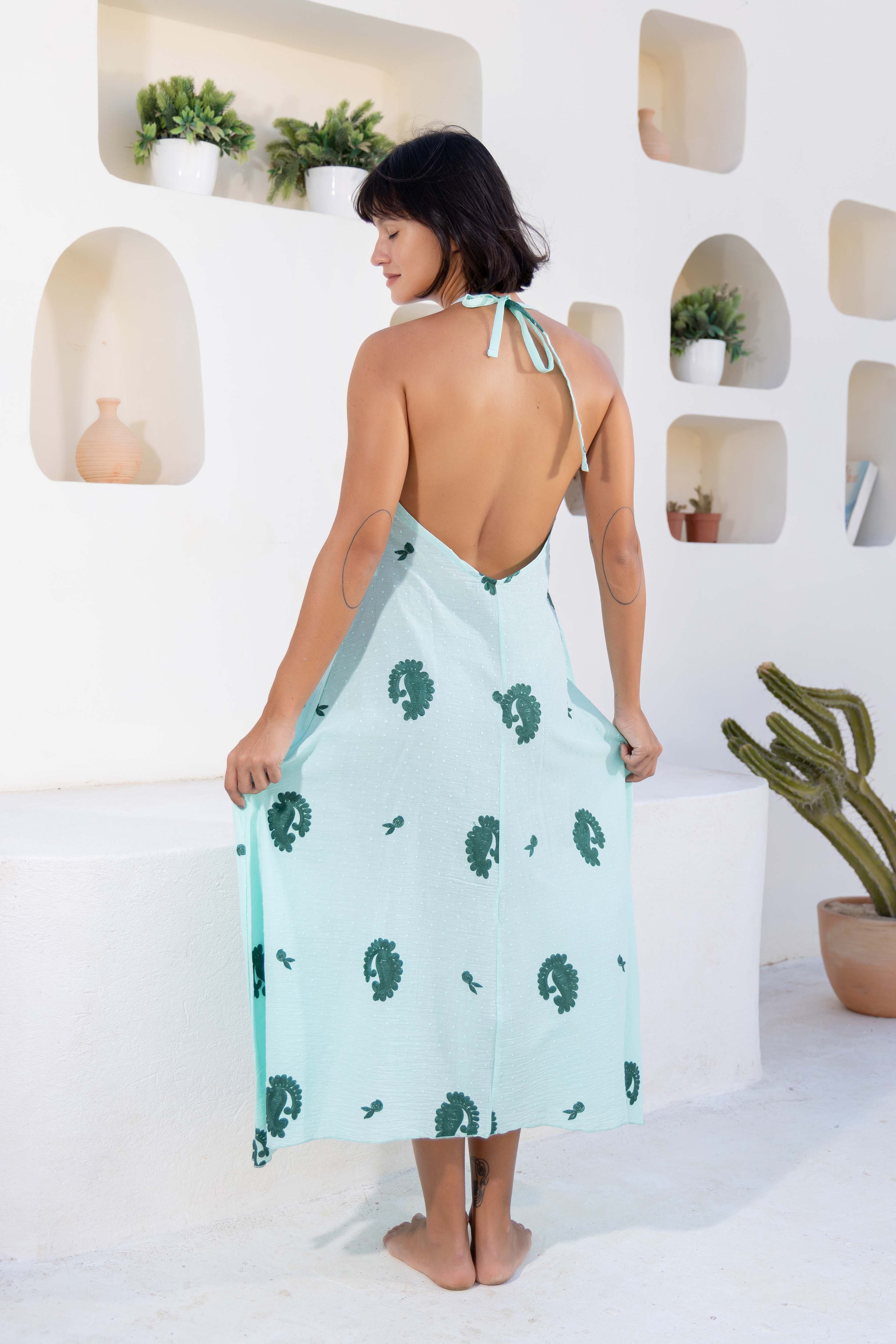 Cactus Print Halter Maxi Dress
