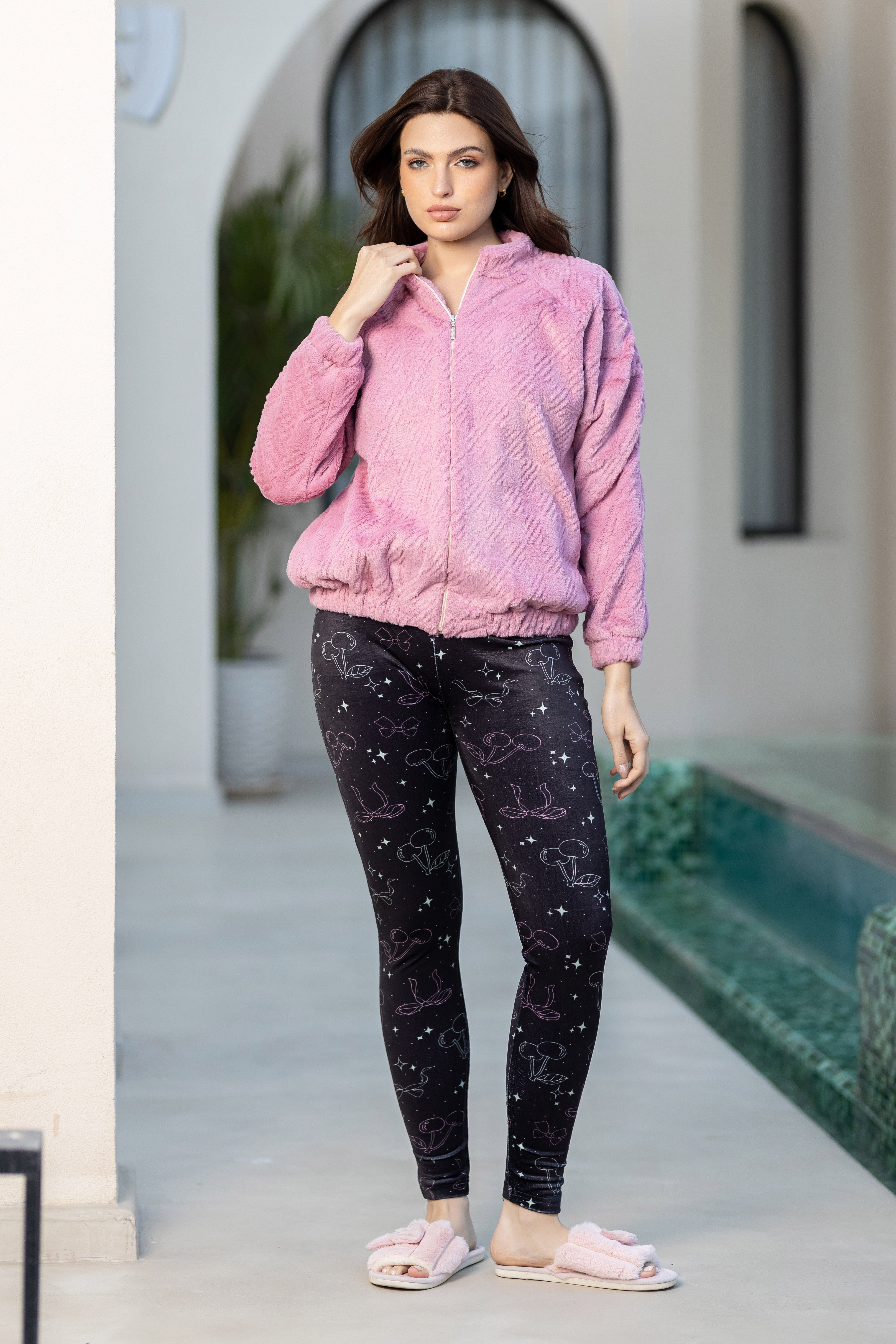 Textured Fuzzy Hooded Robe Over Stylish Dark Print Loungewear.