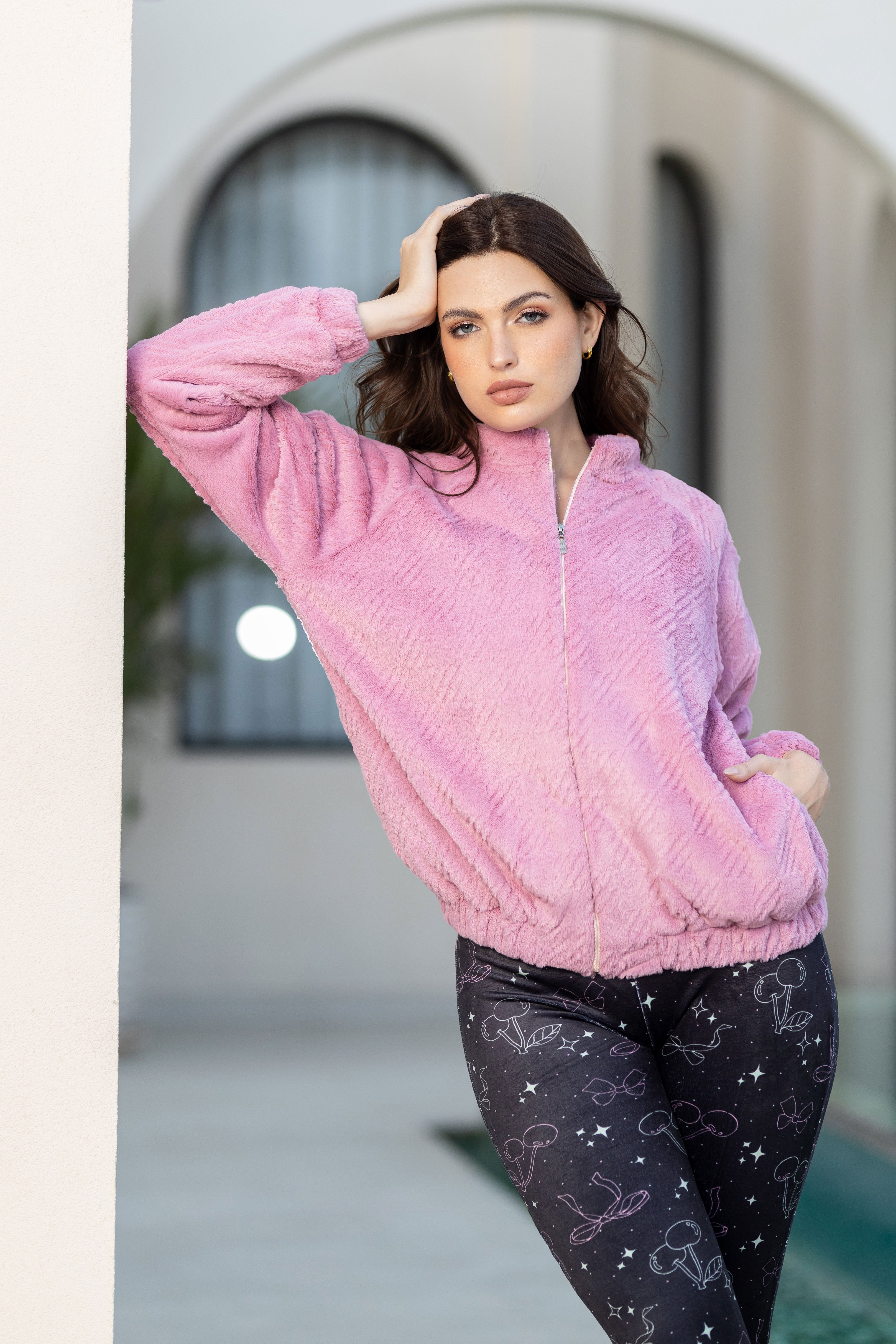 Textured Fuzzy Hooded Robe Over Stylish Dark Print Loungewear.