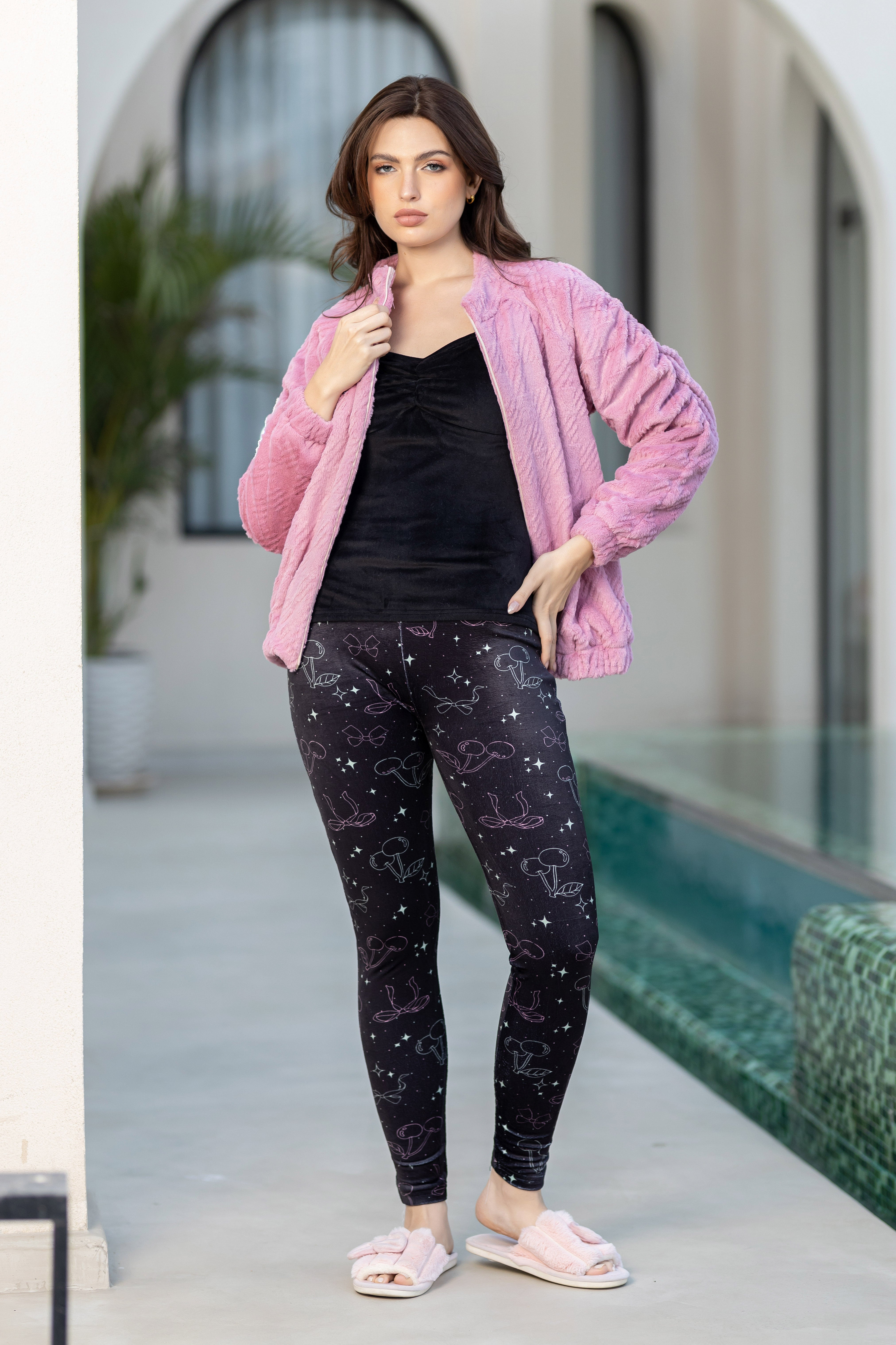 Textured Fuzzy Hooded Robe Over Stylish Dark Print Loungewear.