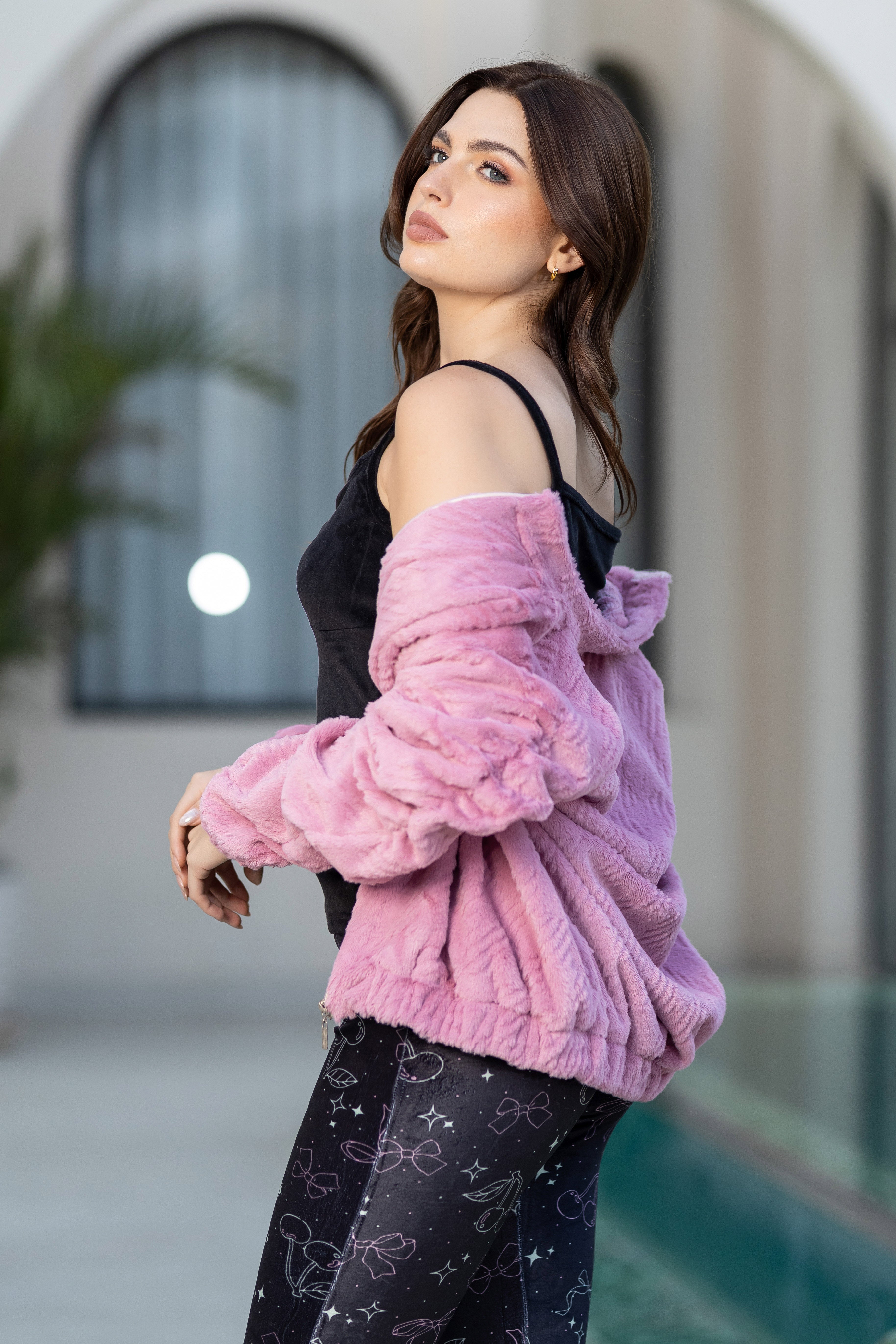 Textured Fuzzy Hooded Robe Over Stylish Dark Print Loungewear.