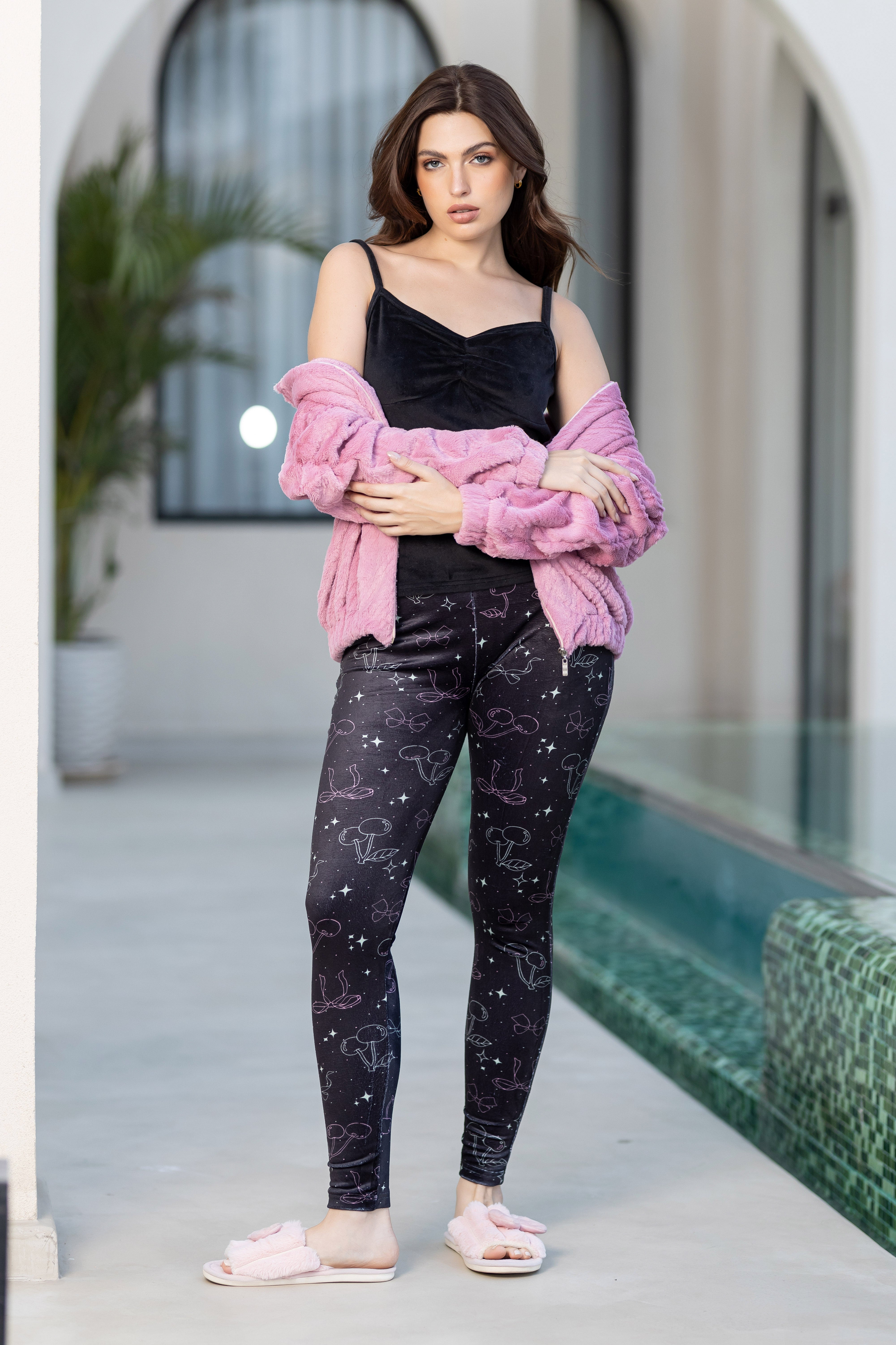 Textured Fuzzy Hooded Robe Over Stylish Dark Print Loungewear.