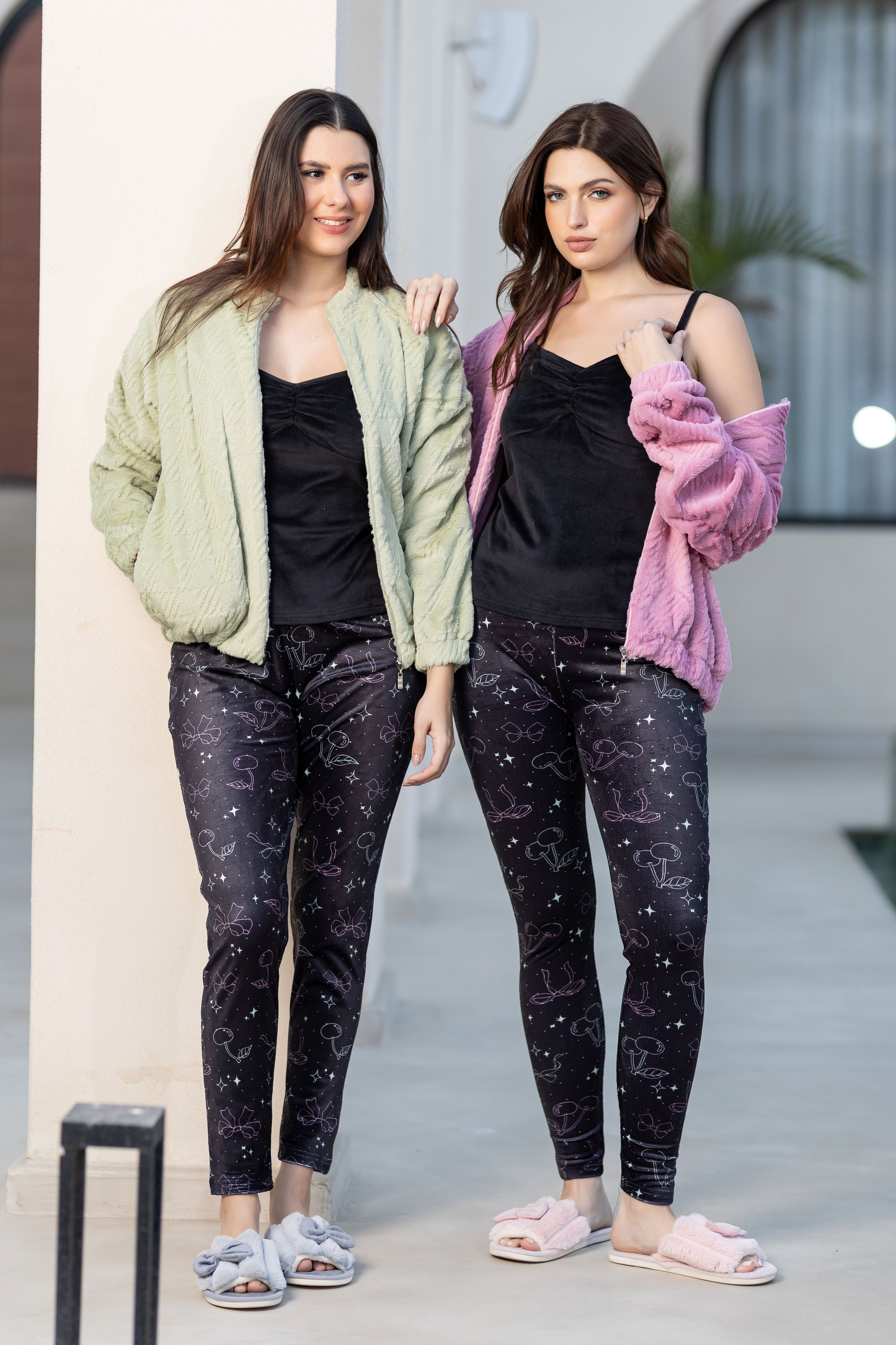 Textured Fuzzy Hooded Robe Over Stylish Dark Print Loungewear.