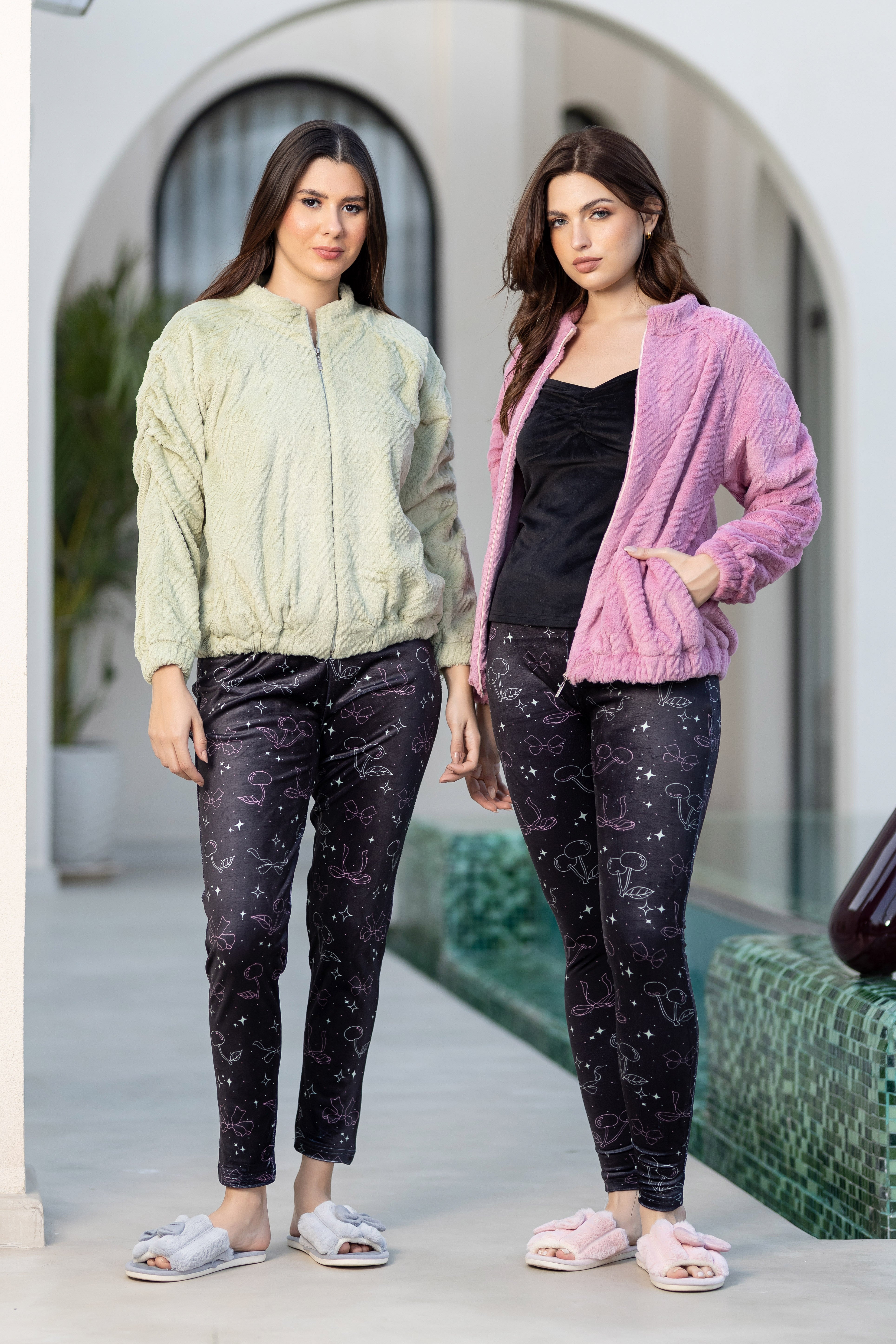 Textured Fuzzy Hooded Robe Over Stylish Dark Print Loungewear.