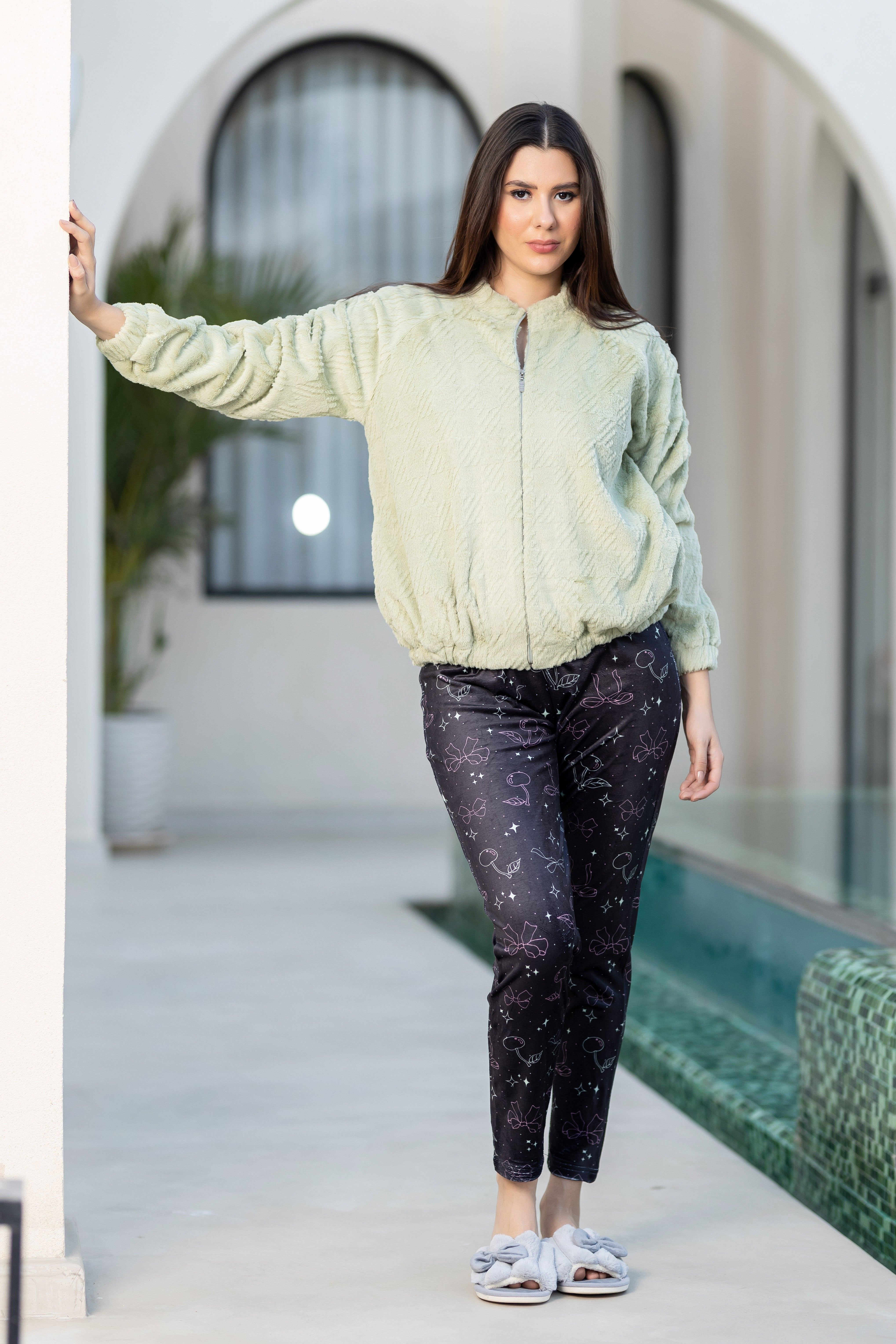 Textured Fuzzy Hooded Robe Over Stylish Dark Print Loungewear.