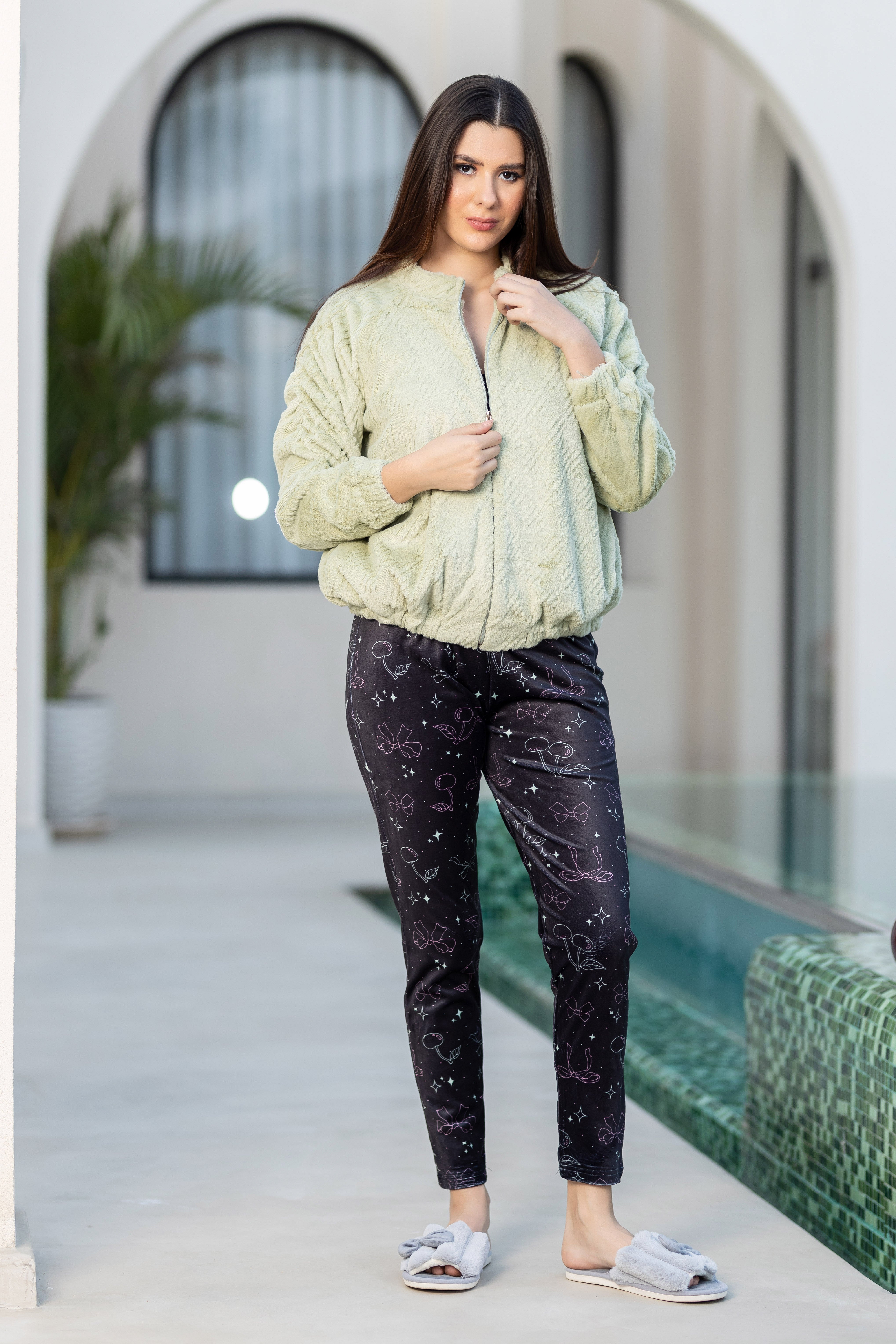 Textured Fuzzy Hooded Robe Over Stylish Dark Print Loungewear.