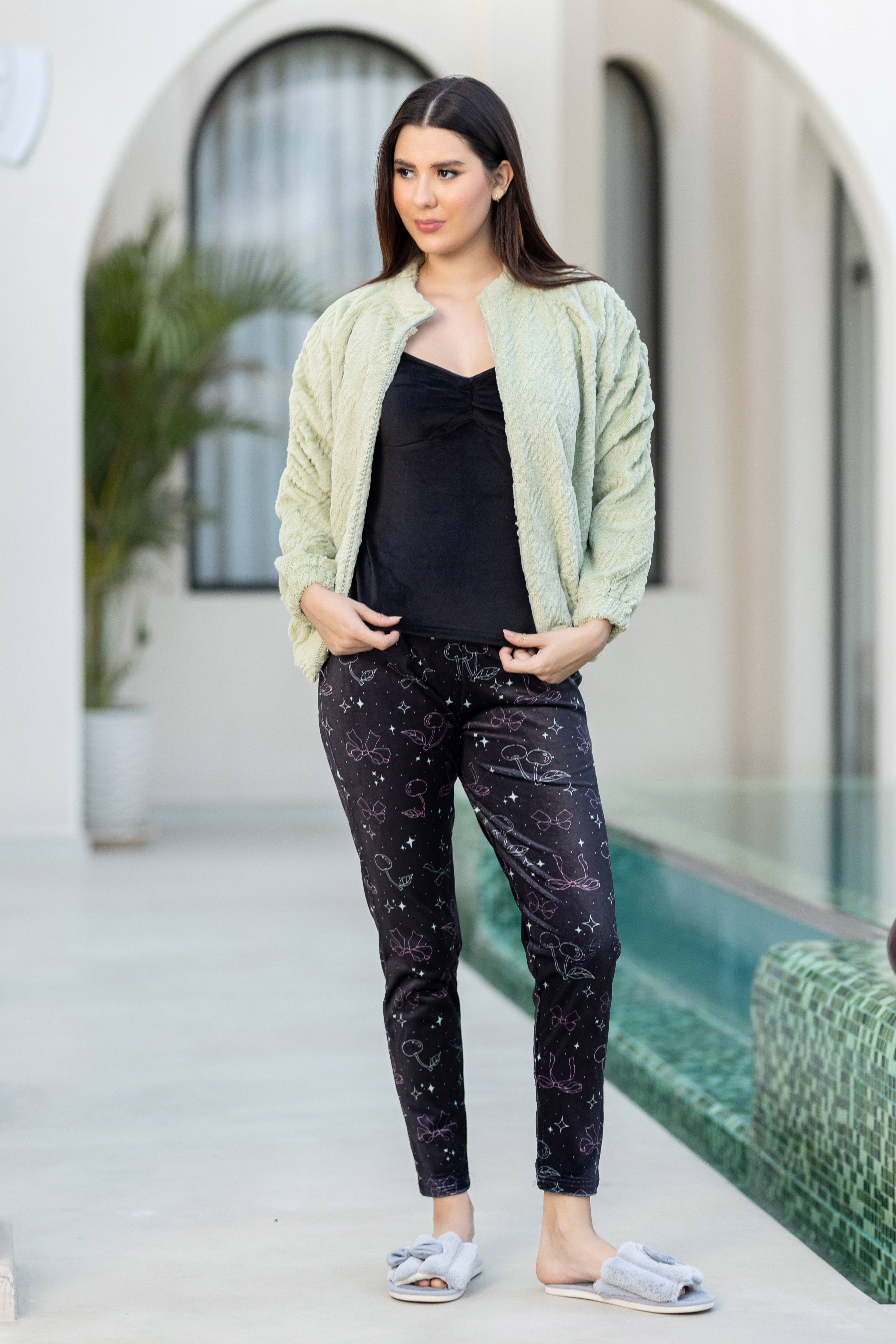 Textured Fuzzy Hooded Robe Over Stylish Dark Print Loungewear.