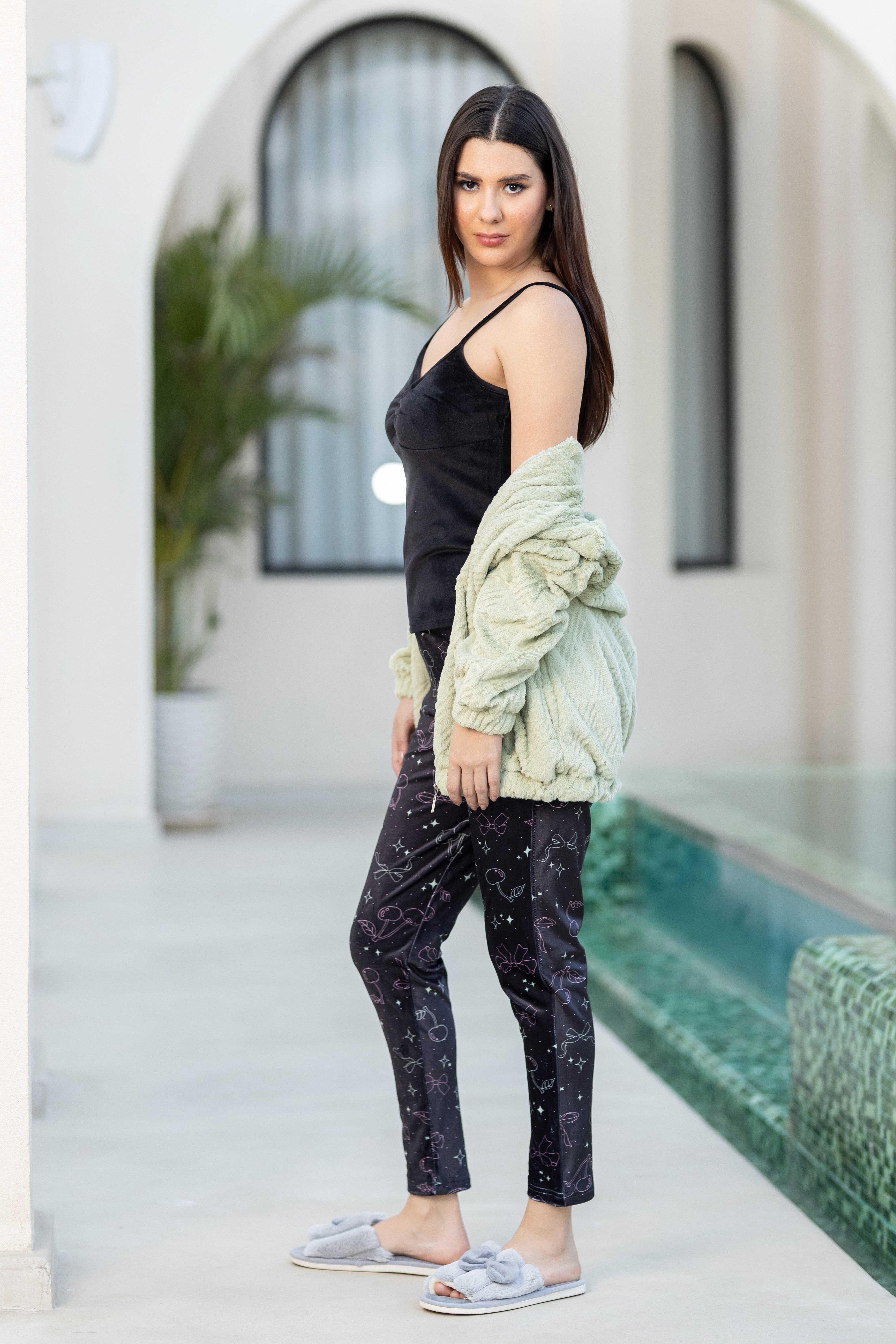 Textured Fuzzy Hooded Robe Over Stylish Dark Print Loungewear.