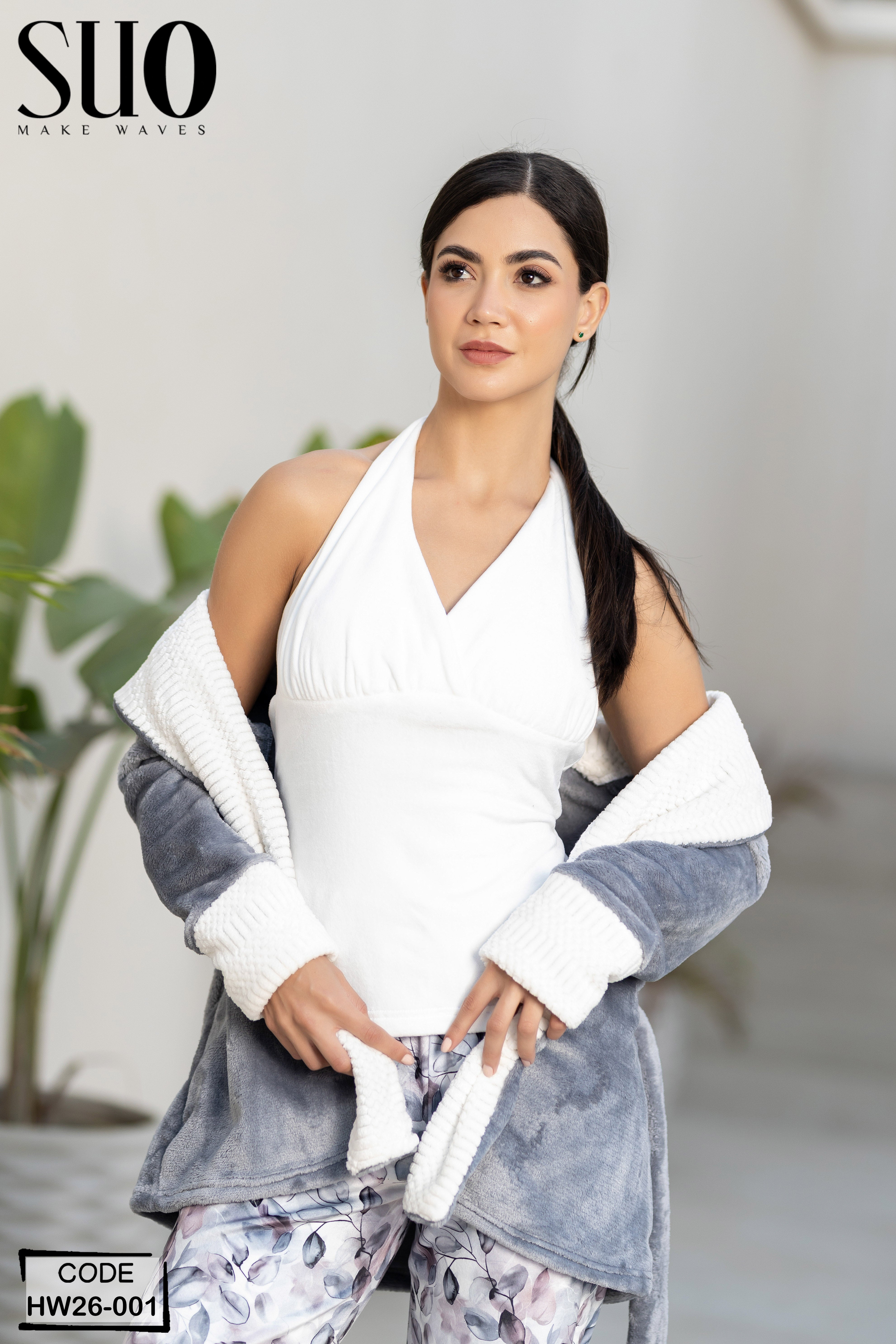 A three-piece homewear set designed for ultimate comfort and warmth, featuring a chic white inner