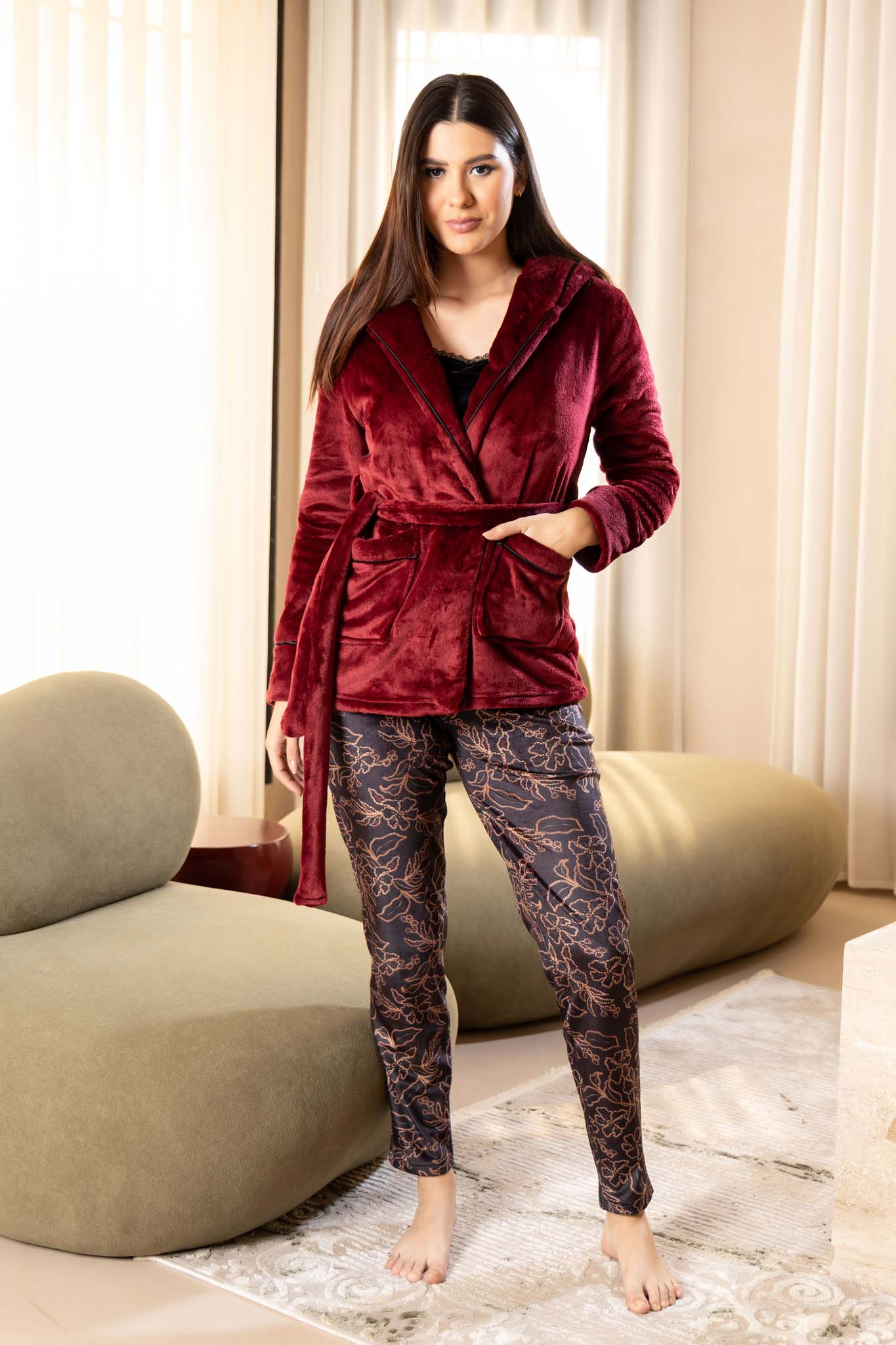 Warm Velvet Hooded Jacket and Dark Floral Print Lounge Pants.