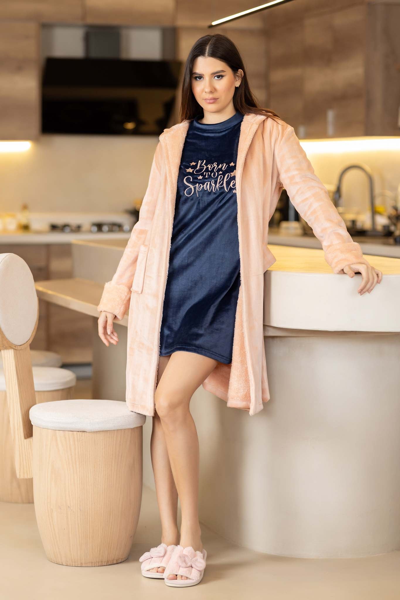 Plush Long Robe over a Velvet Graphic Nightshirt for Sparkle.