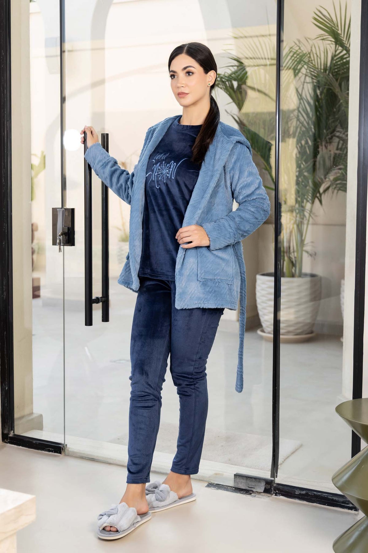 Soft Blue Hooded Robe and Dark Velvet Comfort Pajama Set.