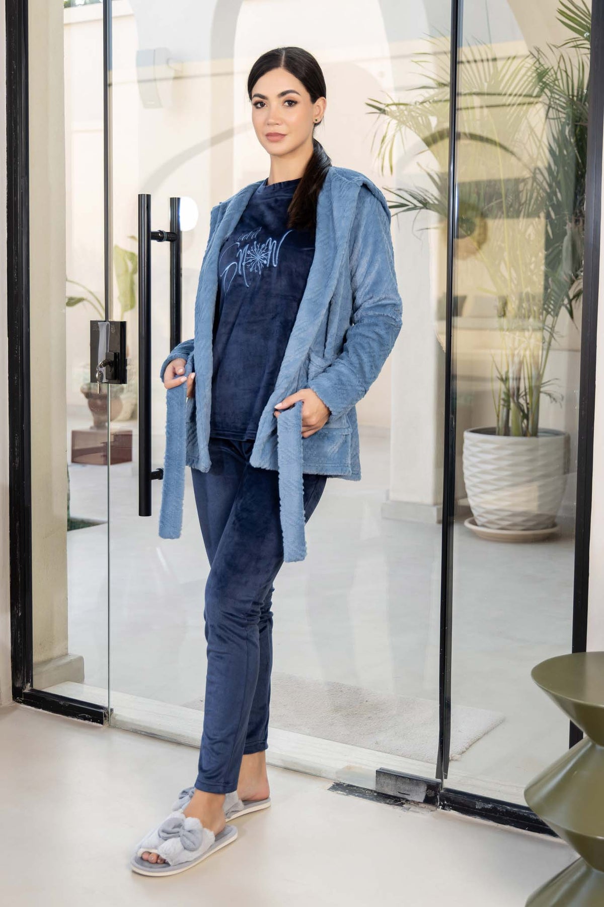 Soft Blue Hooded Robe and Dark Velvet Comfort Pajama Set.