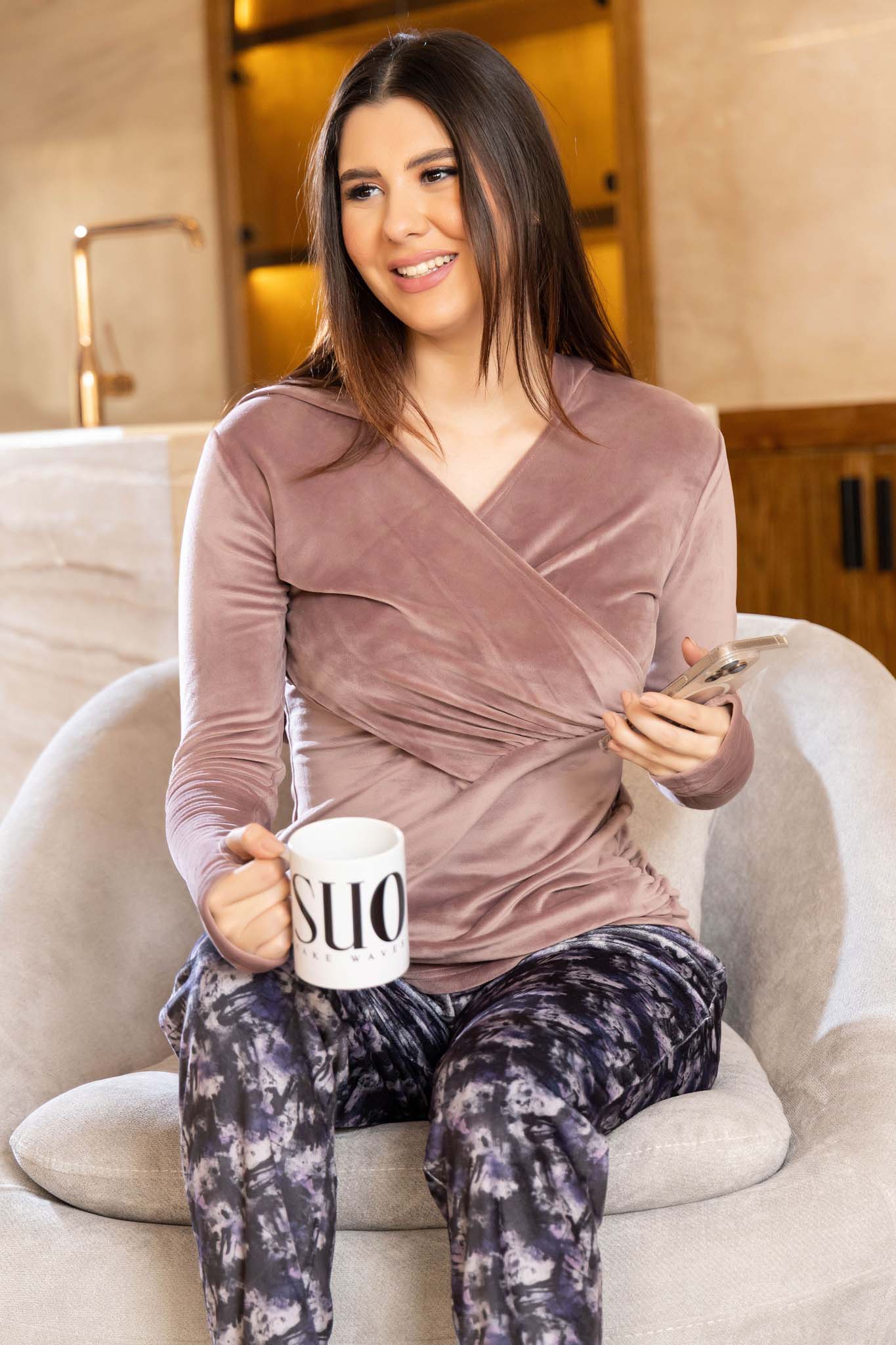 Crossover Hooded Loungewear and Abstract Print Pants.