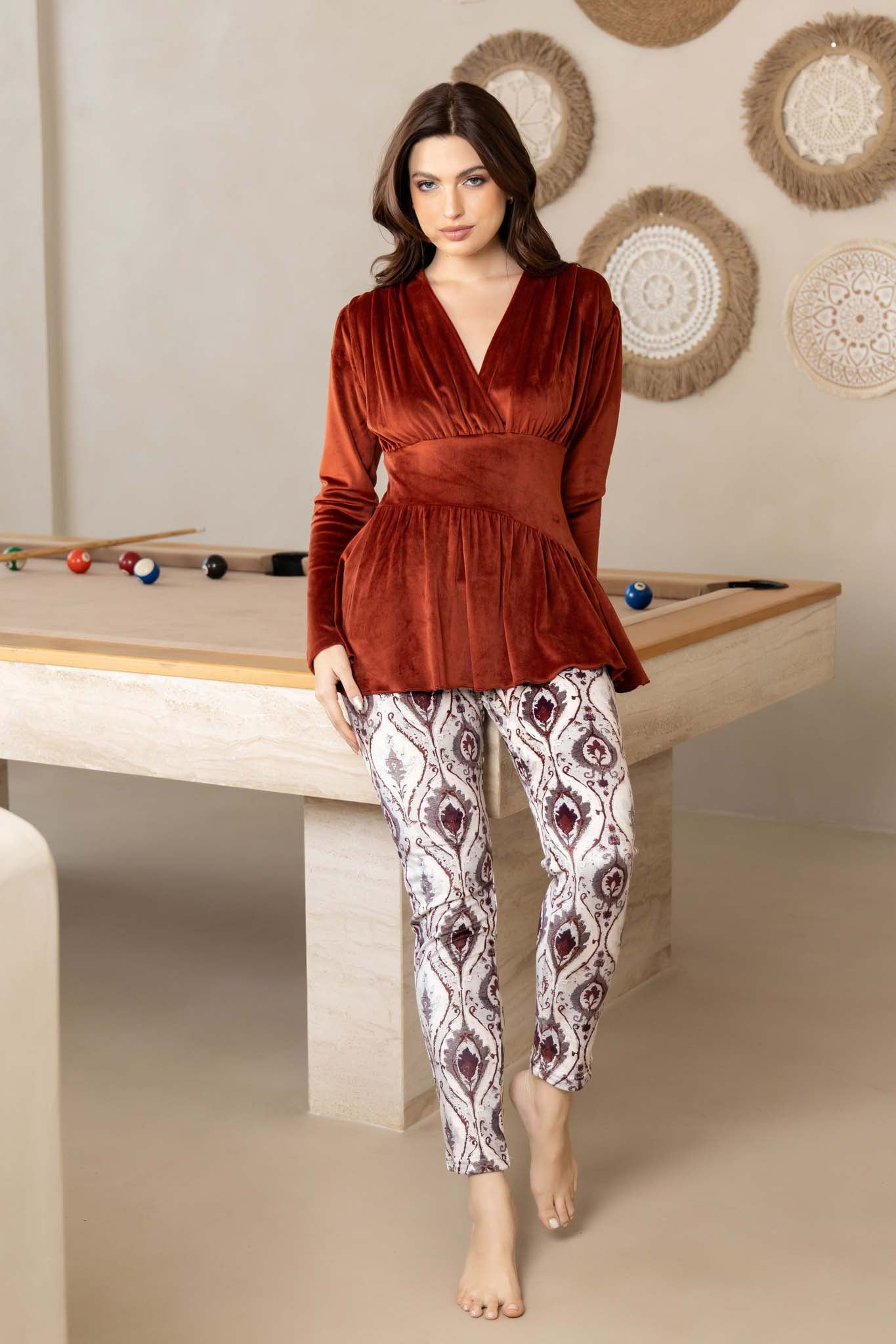 Rust Velvet V-Neck Top and Damask Pattern Comfort Leisure Set.