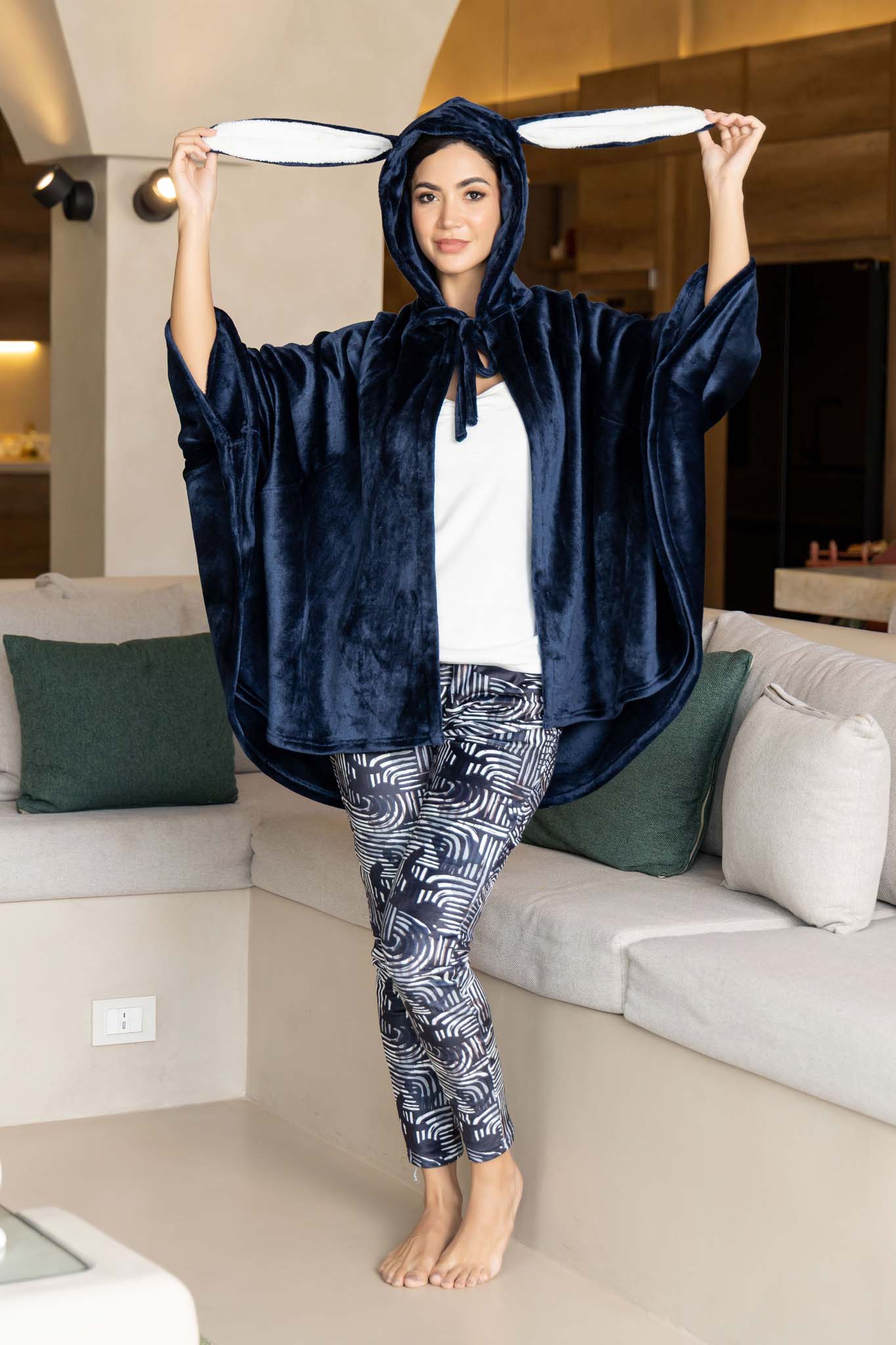 Cozy Velvet Poncho Cape with Bunny Ears and Fun Print Loungewear.
