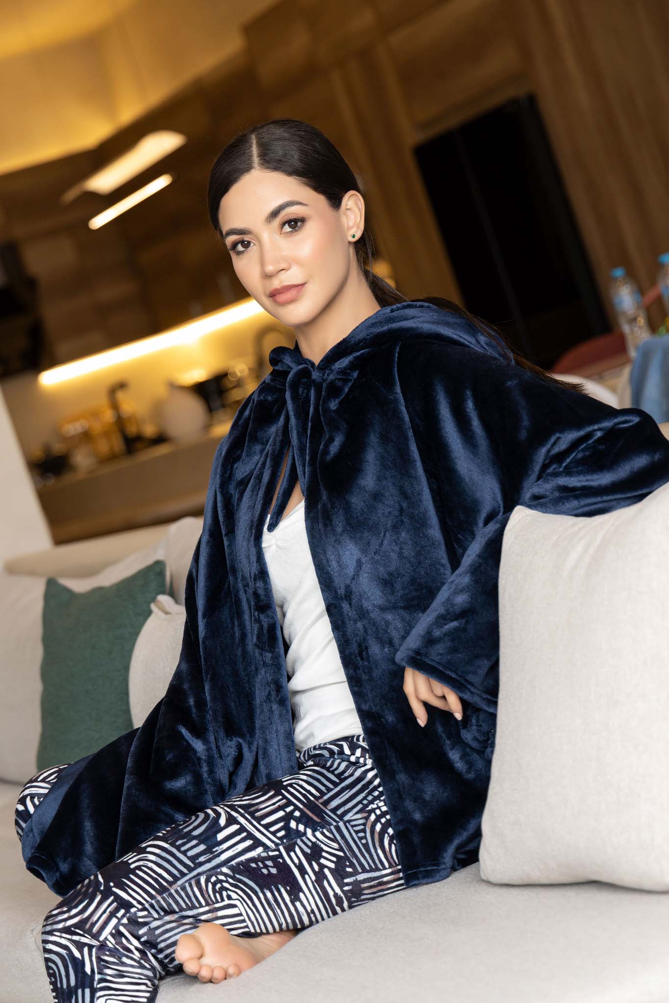 Cozy Velvet Poncho Cape with Bunny Ears and Fun Print Loungewear.