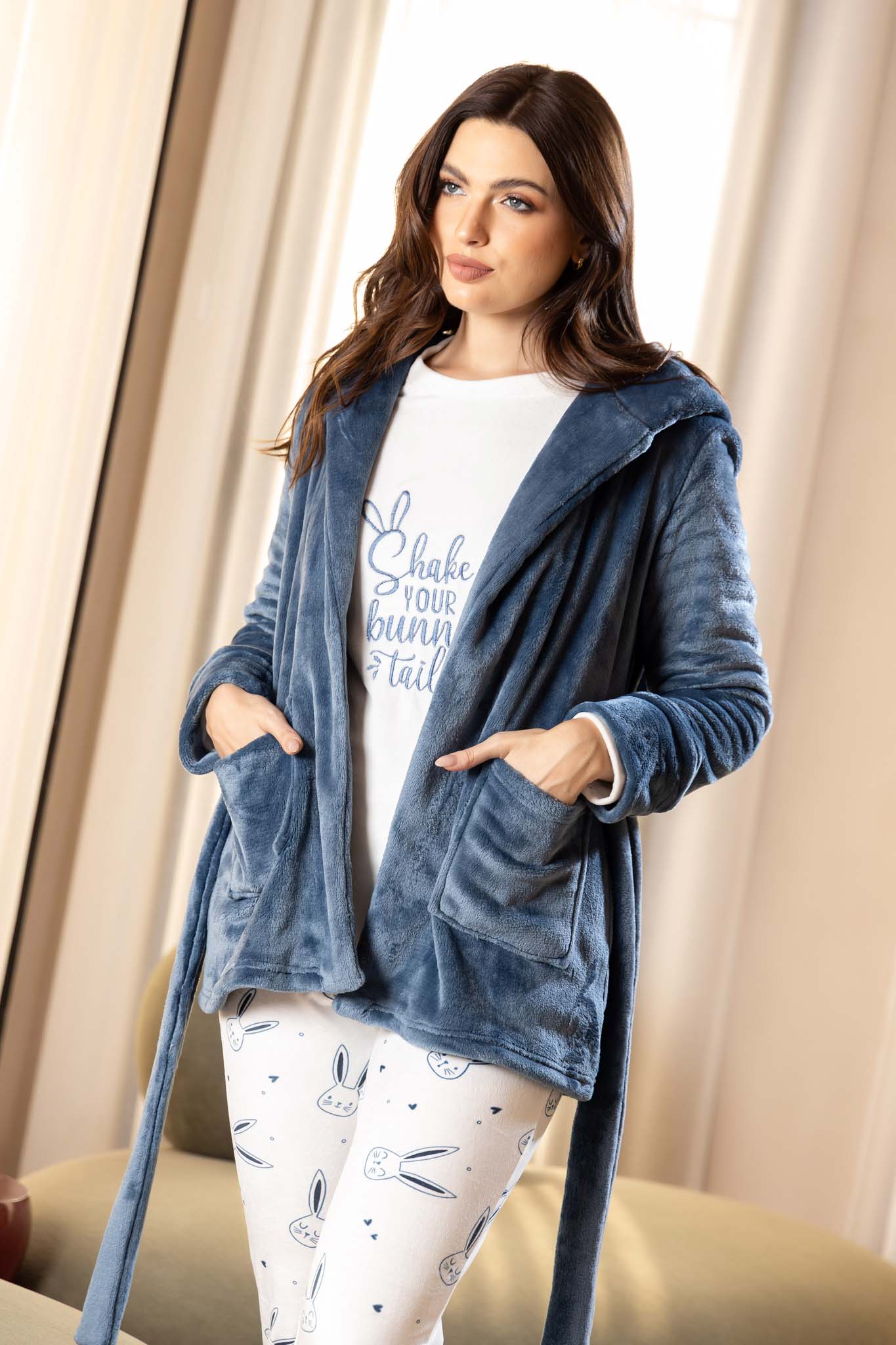 Fun Fuzzy Bunny Hooded Robe and Printed Sleepwear for Cozy Nights.