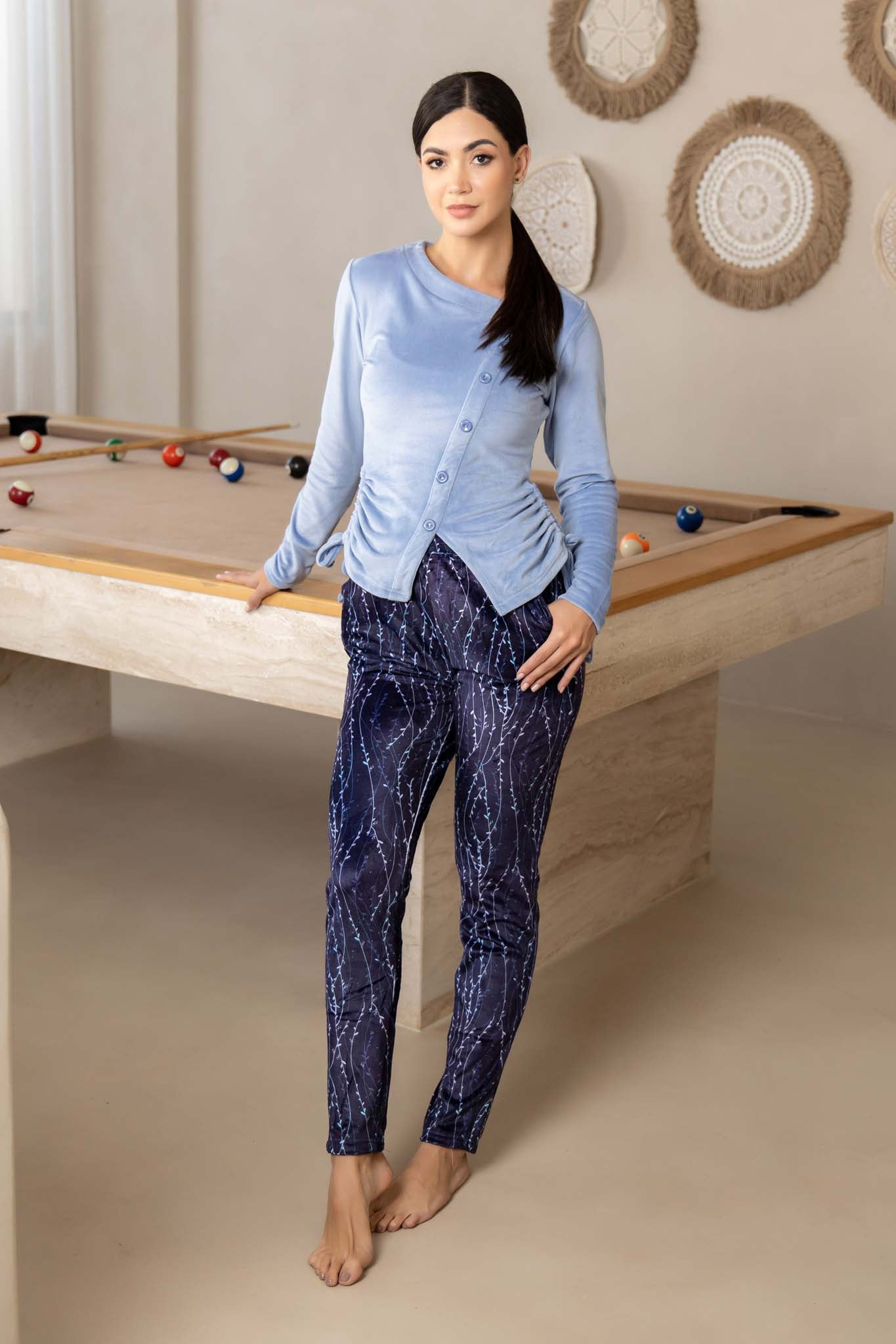 Soft Blue Button-Detail Top and Dark Abstract Pattern Comfort Pants.