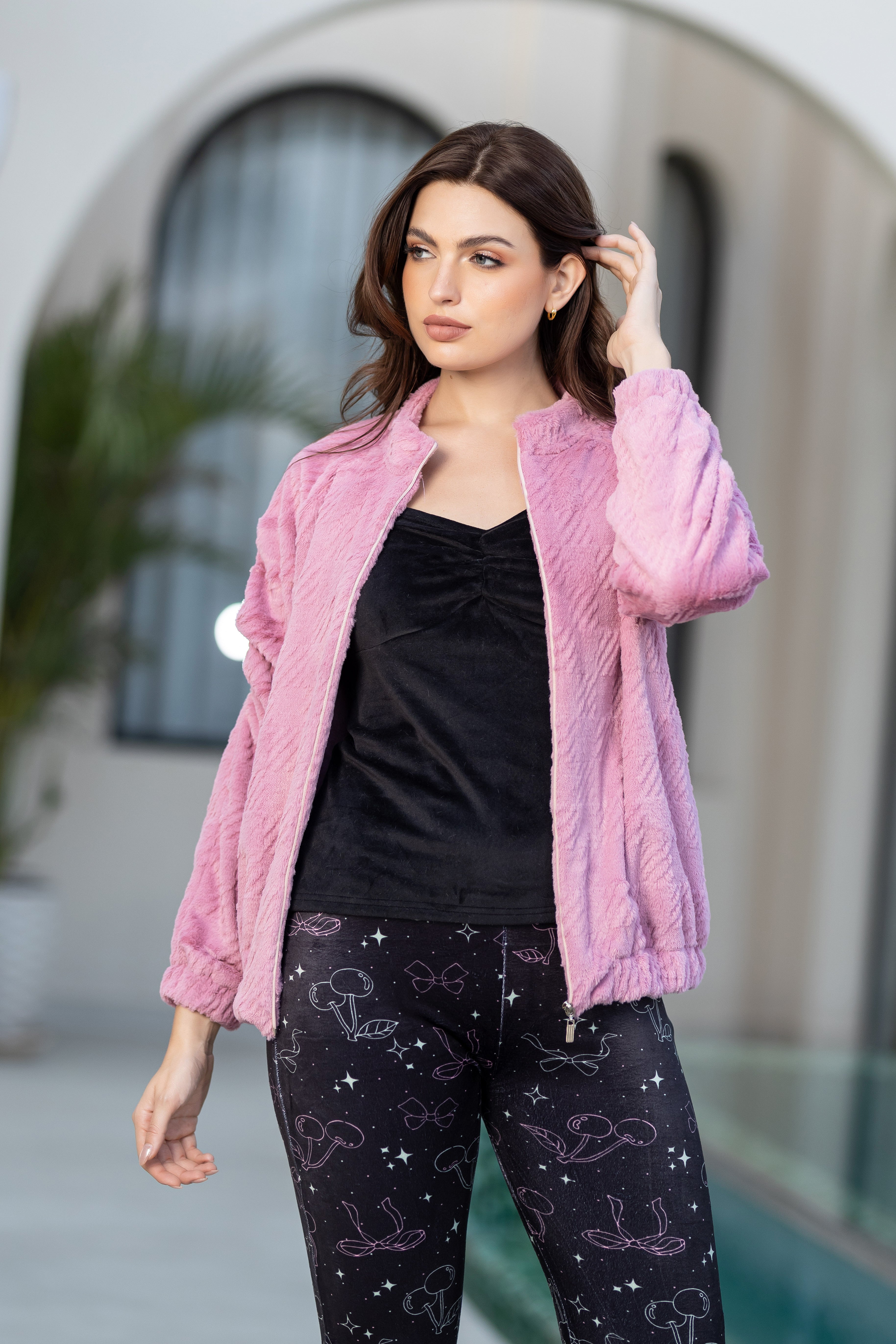 Textured Fuzzy Hooded Robe Over Stylish Dark Print Loungewear.