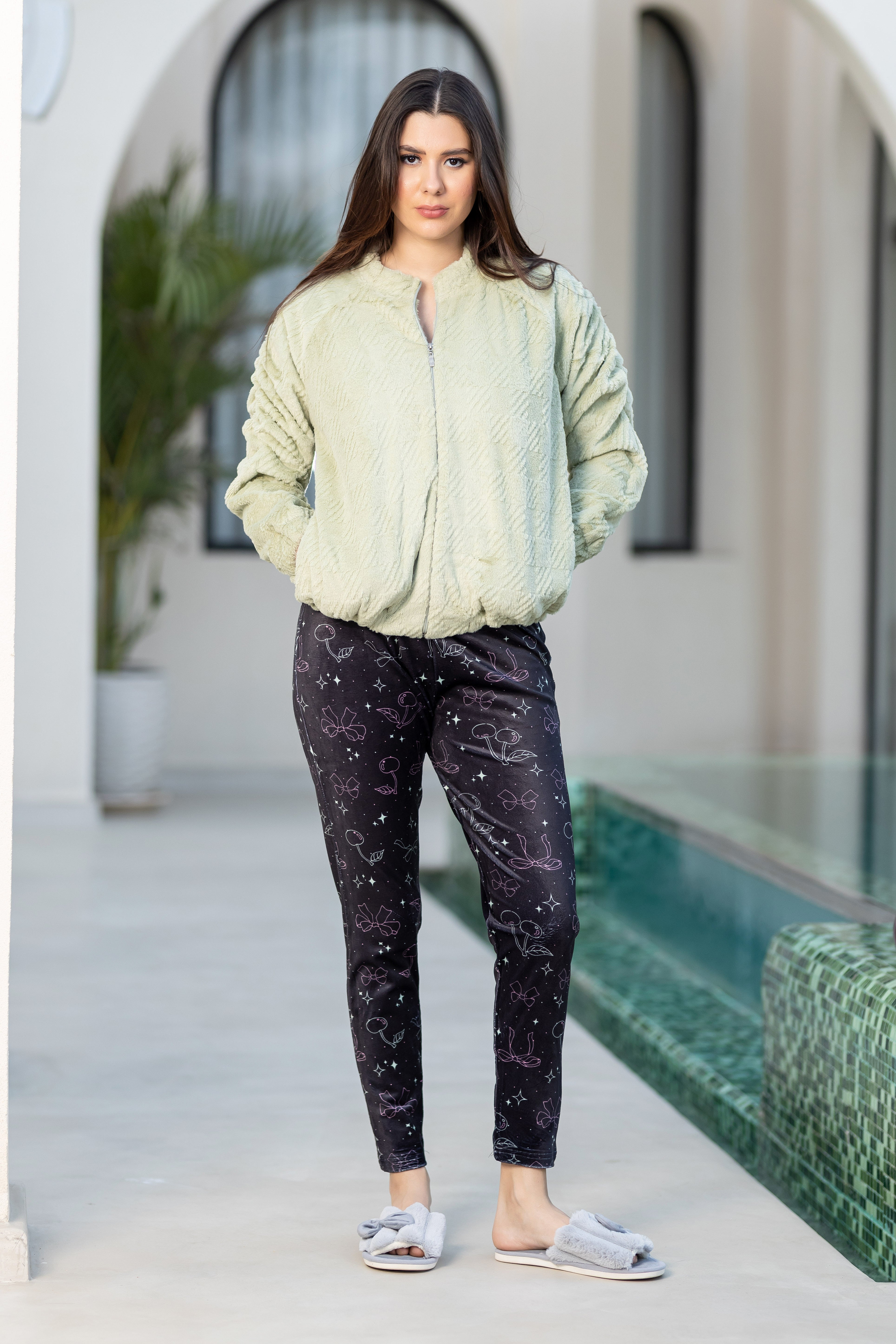 Textured Fuzzy Hooded Robe Over Stylish Dark Print Loungewear.