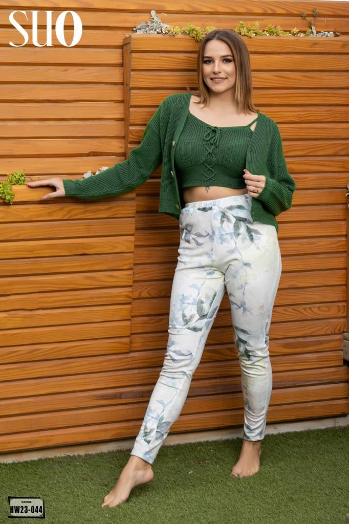 Green X Leaf Print Pants